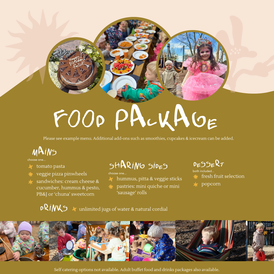 Food package menu with pictures of children at a birthday party, a birthday cake, and children playing outdoors.