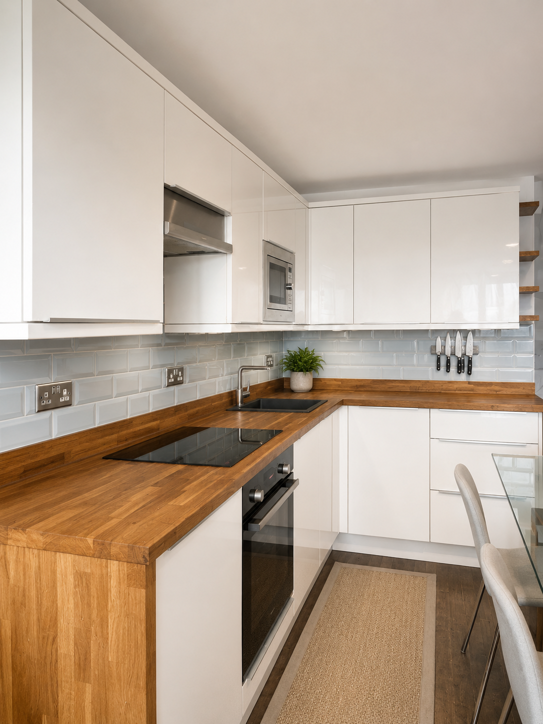 Modern kitchen with wooden countertops, white cabinets, gray subway tile backsplash, built-in microwave, stovetop, black oven, small sink, potted plant, knife rack, and dining chairs.