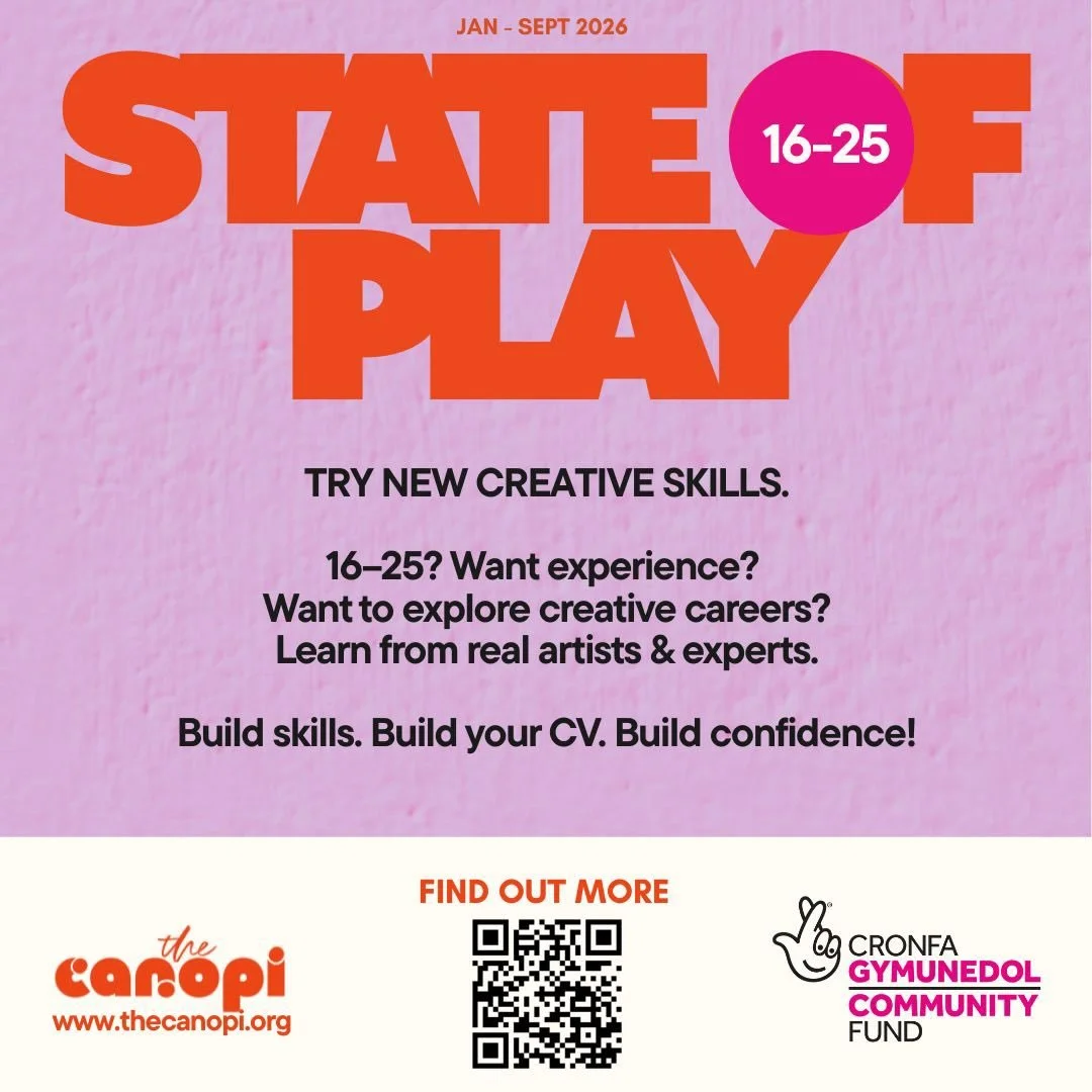 STATE OF PLAY @thecanopicardiff 🎨🖌️🎶🎸✍️🪡🧵👗🪹🗿

No experience needed. Free to join.
Designed for young people facing barriers to education or work.
Try out real creative skills &mdash; with real artists &amp; designers.
Fashion &bull; Art &bul