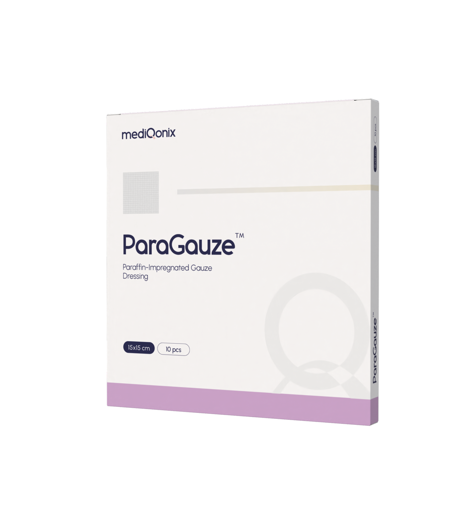 White box of ParaGauze paraffin-impregnated gauze dressing with purple accent, labeled 15x15 cm, contains 10 pieces, manufactured by mediQonix.