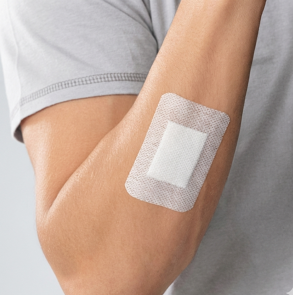 A person with a bandage on their upper arm, possibly after a medical injection or blood test.