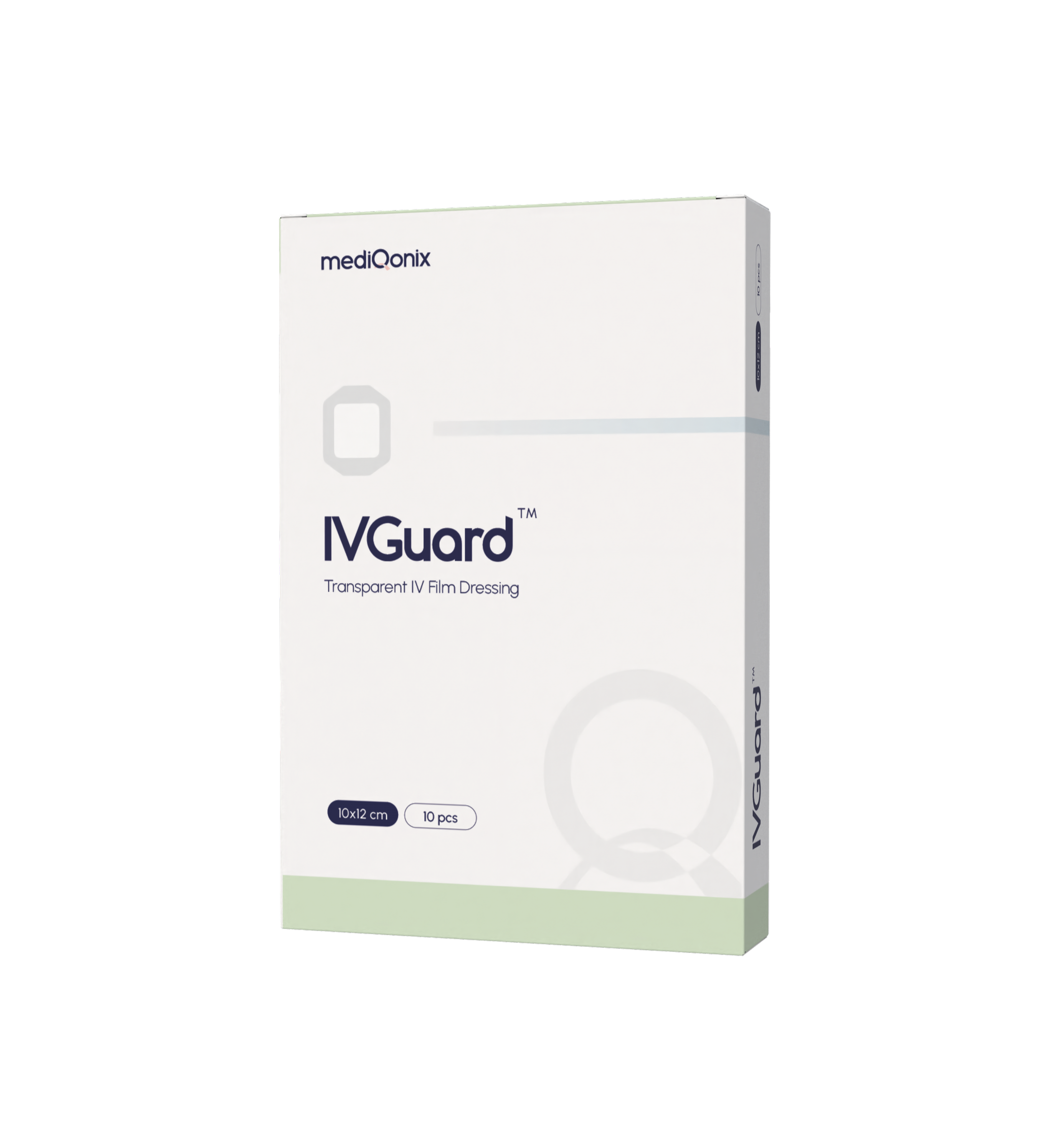 A box labeled 'IV Guard' containing transparent IV film dressing, with dimensions 10x12 cm and 10 pieces inside, displayed against a black background.