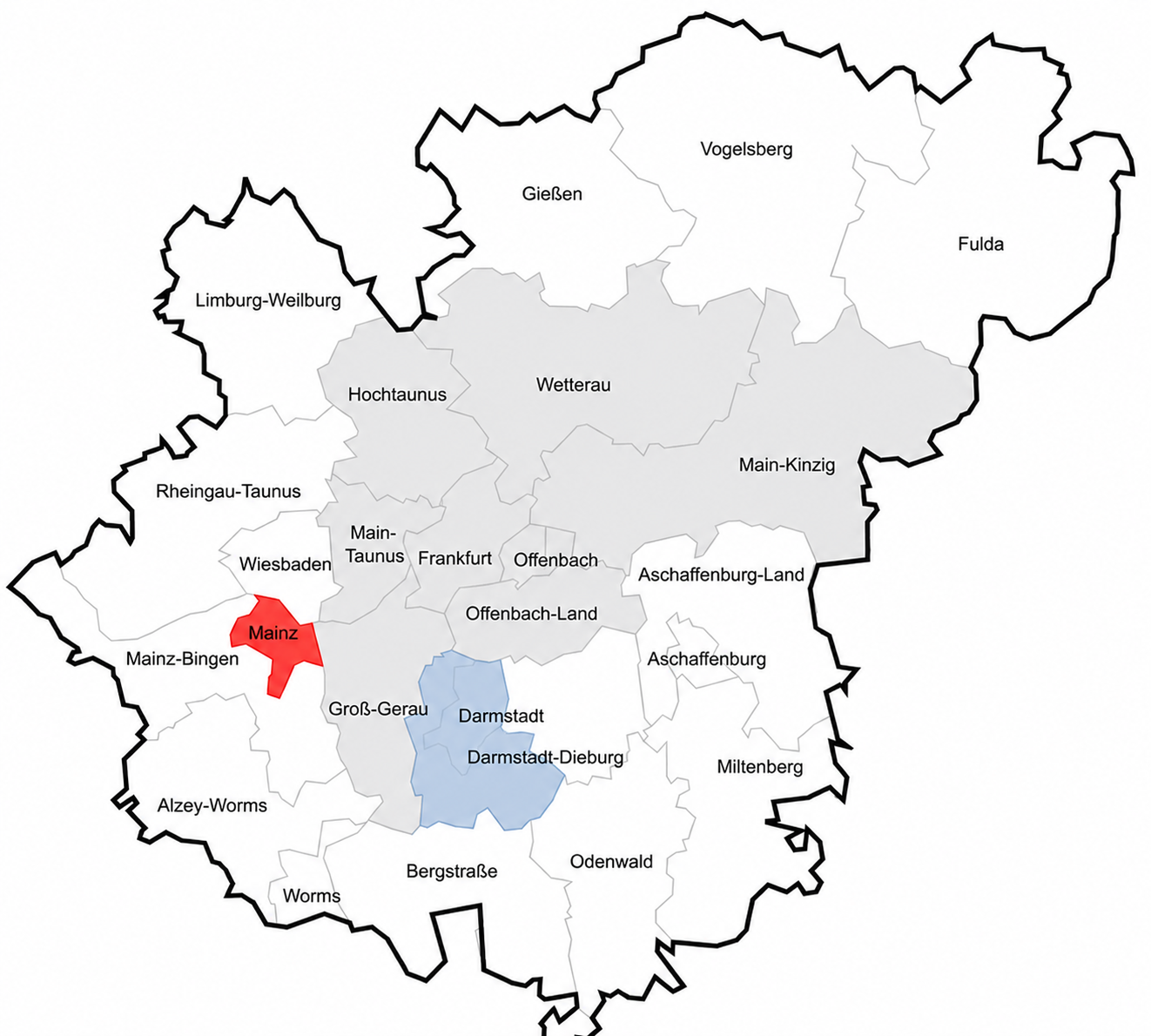 Karte vom Rhein-Main-Gebiet mit farblicher Hervorhebung von Mainz und Darmstadt