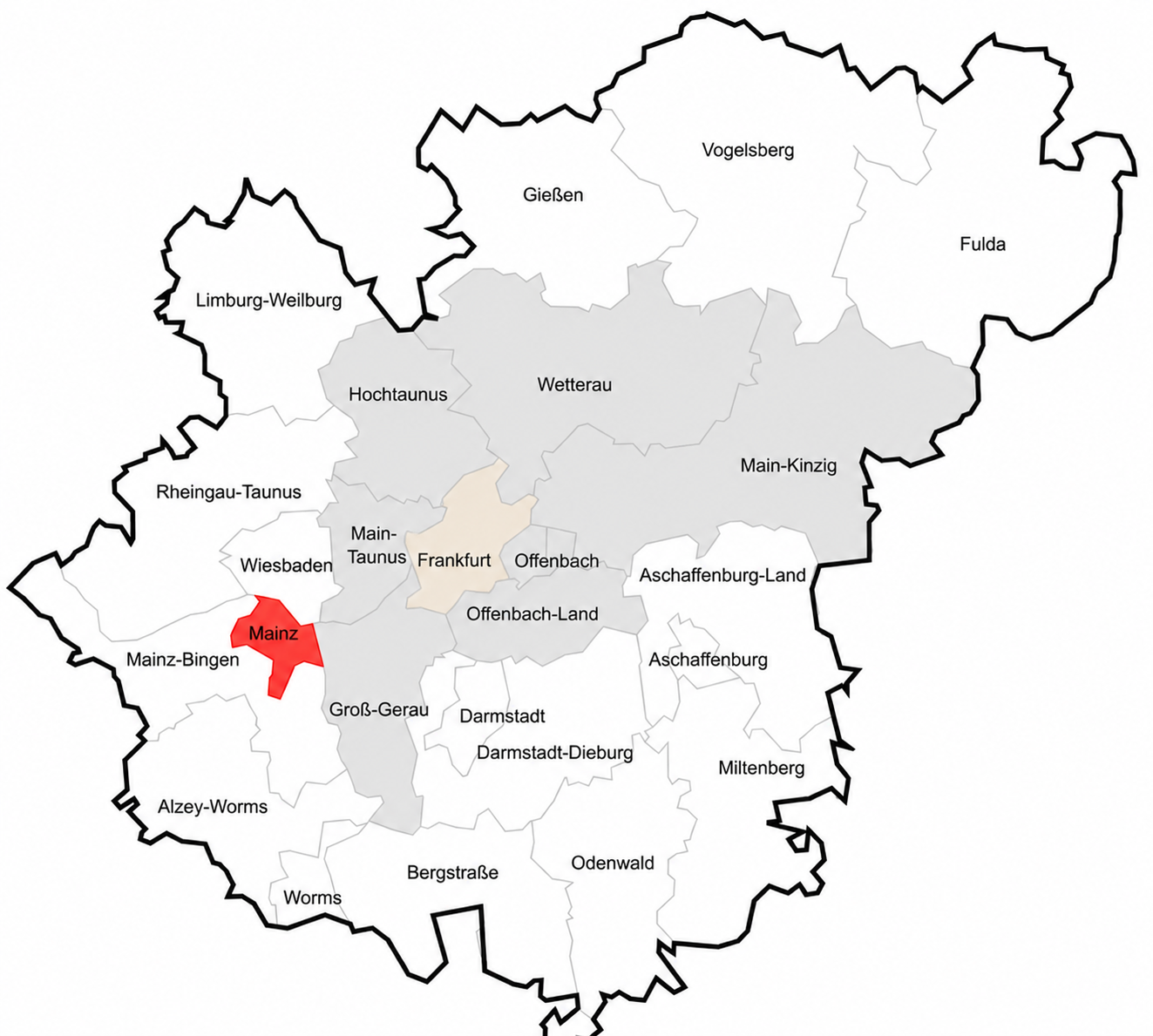 Karte vom Rhein-Main-Gebiet mit farblicher Hervorhebung von Mainz und Frankfurt