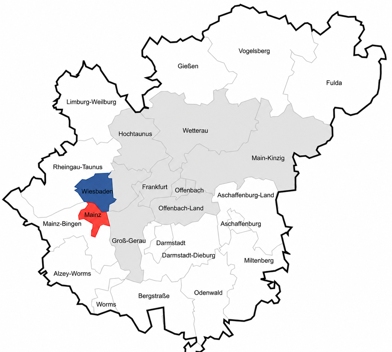 Karte vom Rhein-Main-Gebiet mit farblicher Hervorhebung von Mainz und Wiesbaden