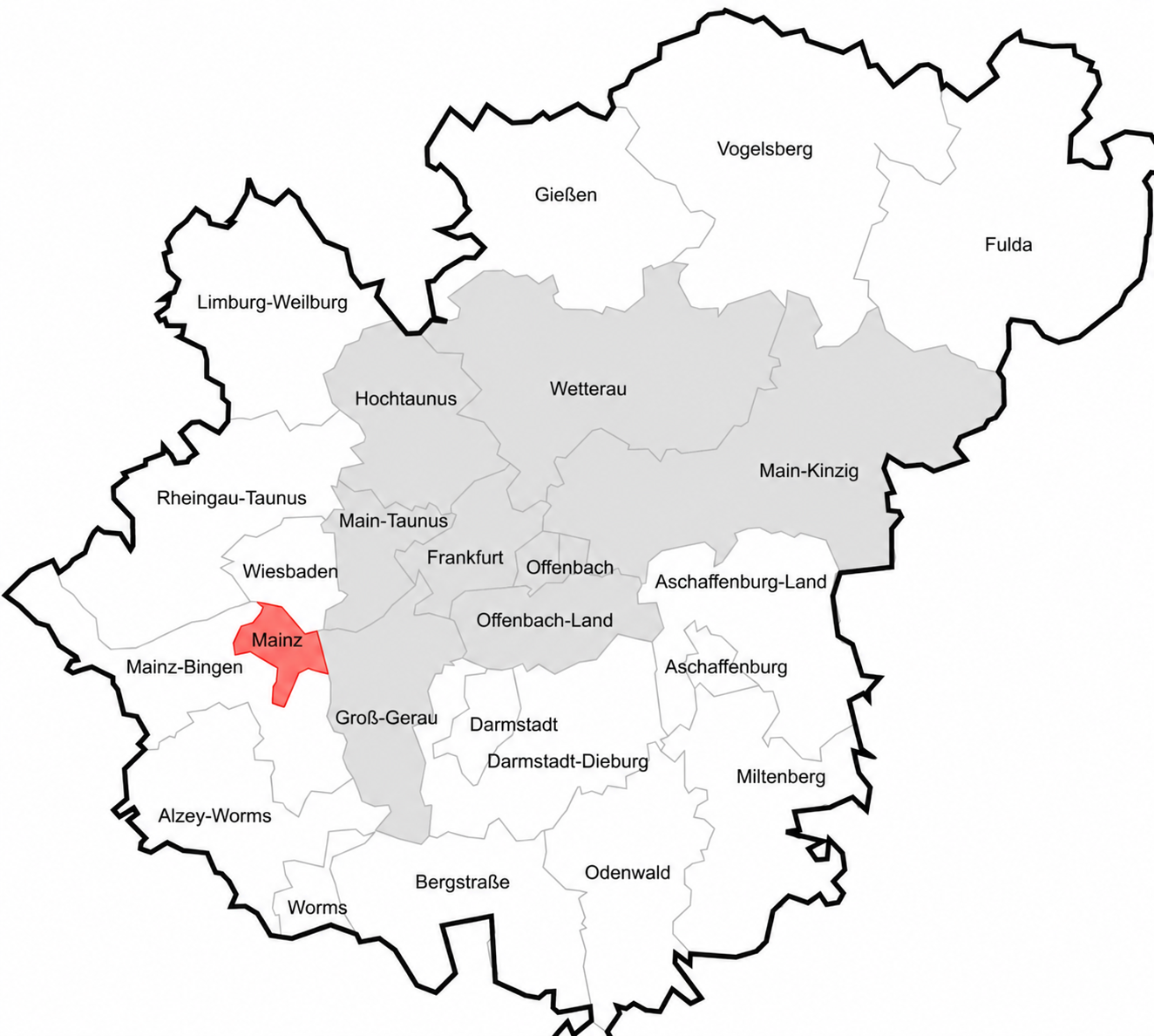Karte vom Rhein-Main-Gebiet mit farblicher Hervorhebung von Mainz