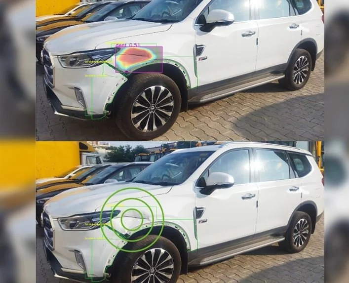 Comparison of two images showing the front left side of a white SUV, with visual aids indicating sensor detection areas: the top image shows a heatmap highlighting a small area on the bumper, while the bottom image shows sensor detection zones around the vehicle.