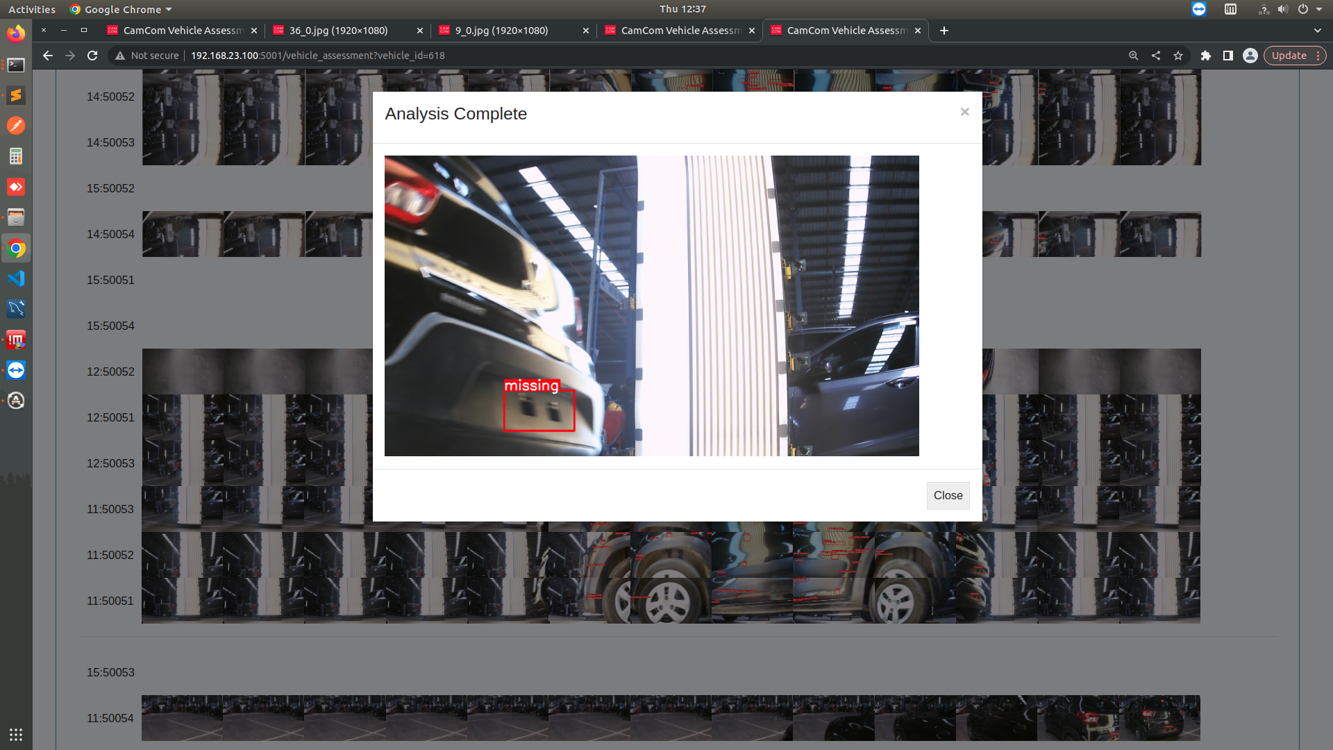 A parking garage with two cars, one black and one gray, parked parallel to each other; the image includes a red box labeled "missing" indicating a missing front license plate on the gray car.