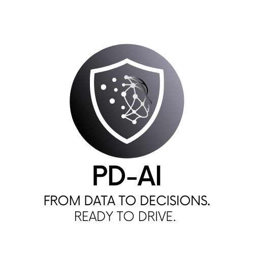 Logo mit Schild und neuronalen Netzwerken, Text "PD-AI" und Slogan "From Data to Decisions. Ready to Drive."