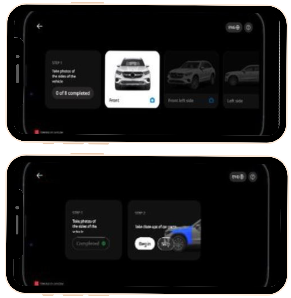 Mobile screen displaying a car customization app with options for different car models and a final step for taking a photo of the rear side of a vehicle.