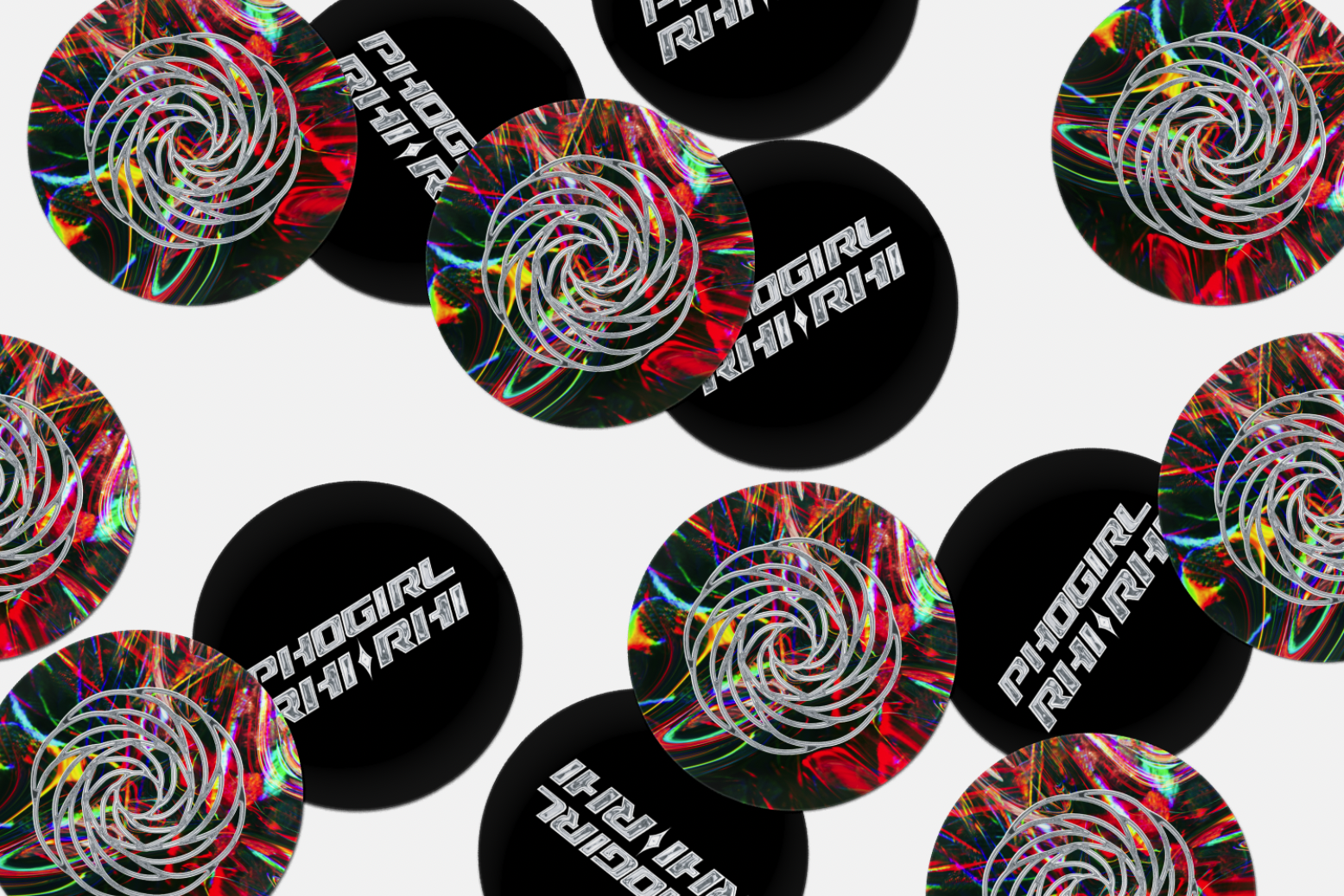 Colorful and black circular patterns with text and spiral designs