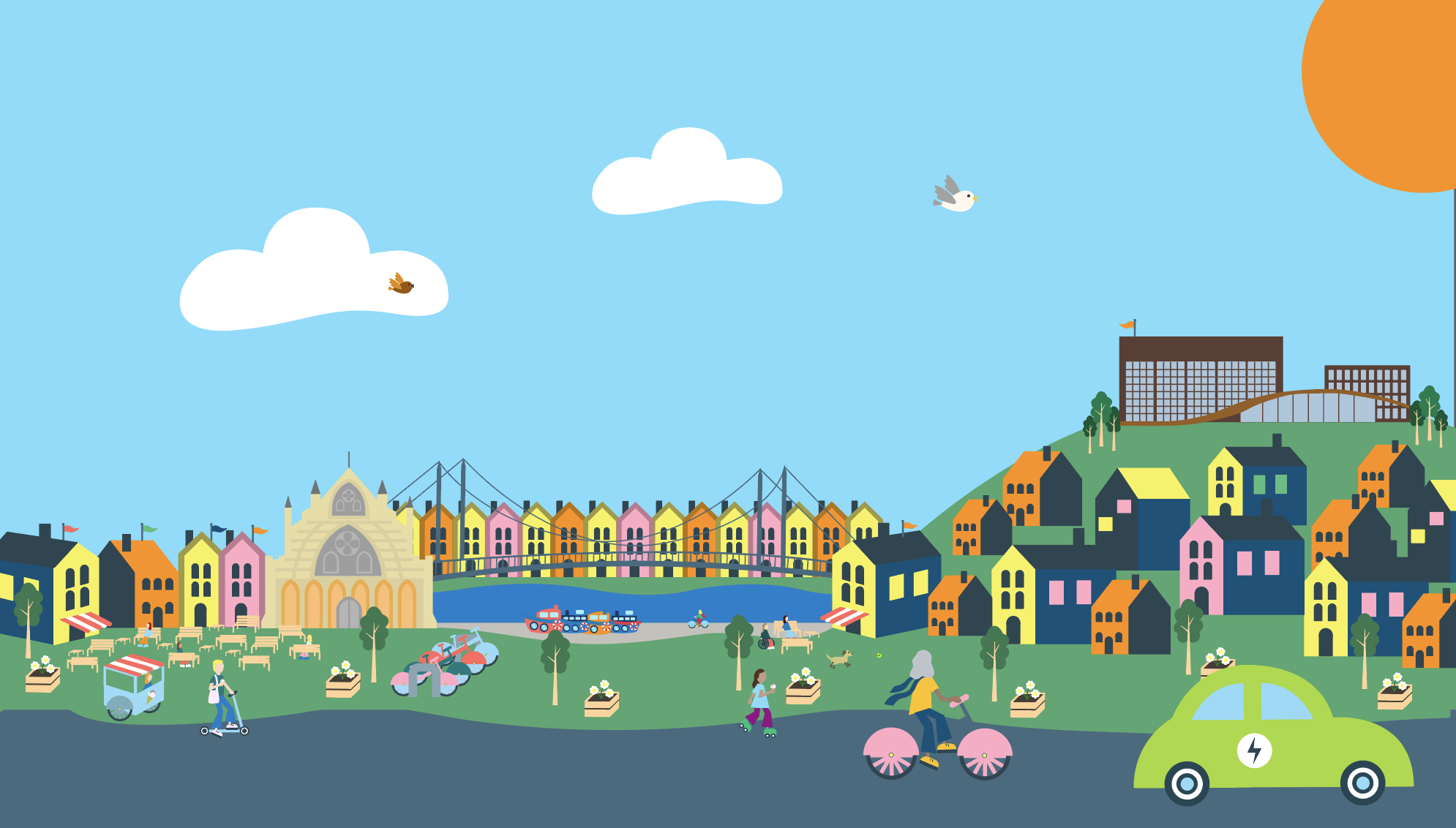 Illustration of a colorful cityscape with buildings, people walking and biking, a lake with boats, and a bright sun in the sky.