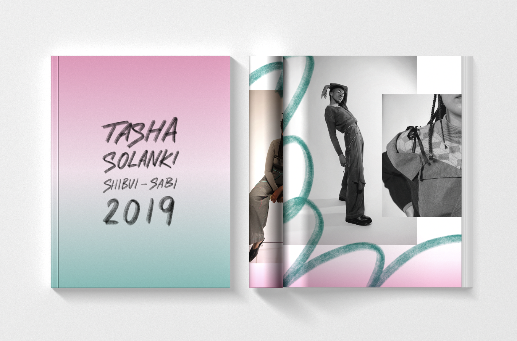 Fashion book cover and pages featuring Tasha Solanki's Shibui-Sabi 2019 collection, with gradient pink-green cover and monochrome fashion photography inside.