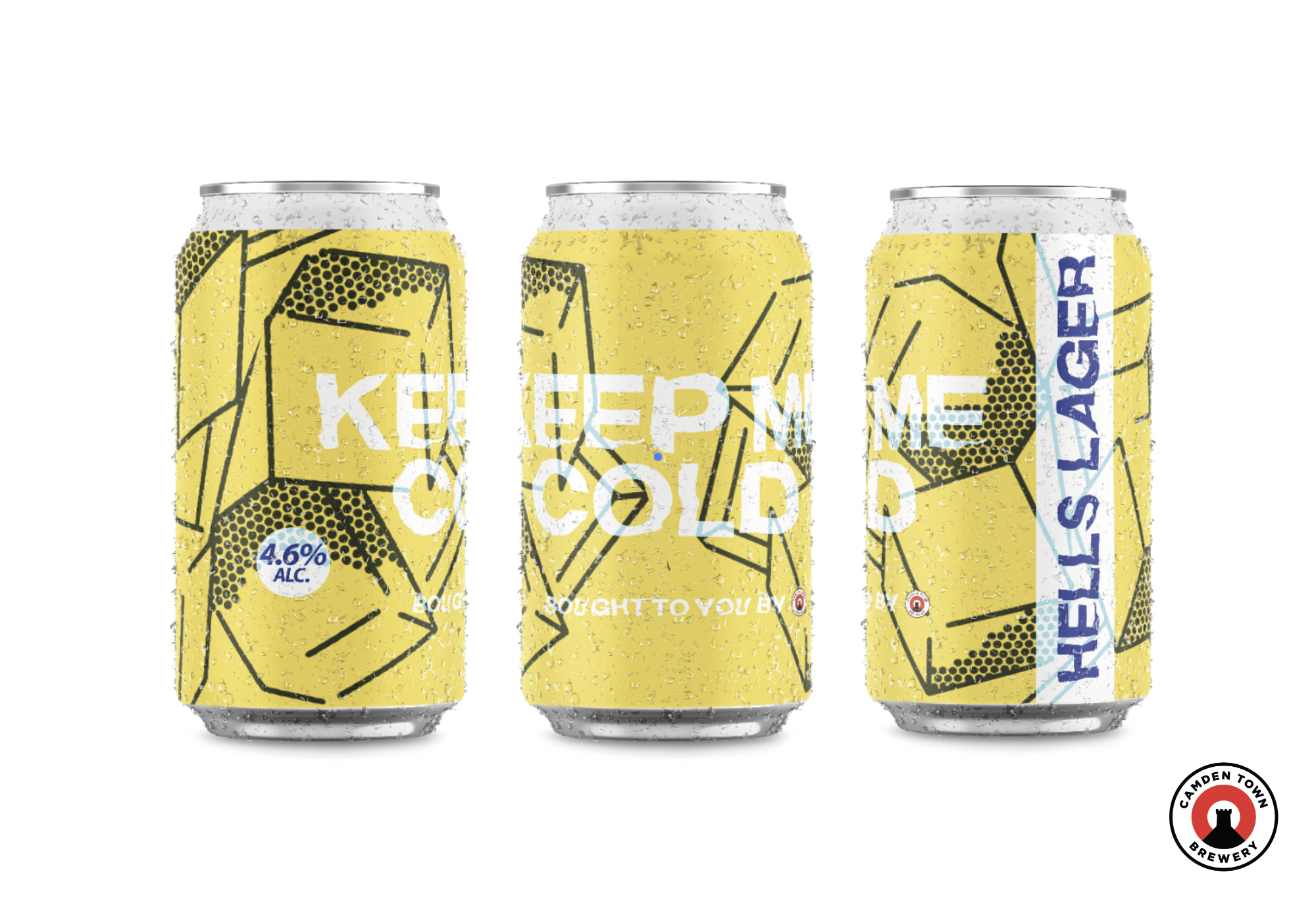 Three yellow Hells Lager cans with geometric design and "Keep Me Cold" message.