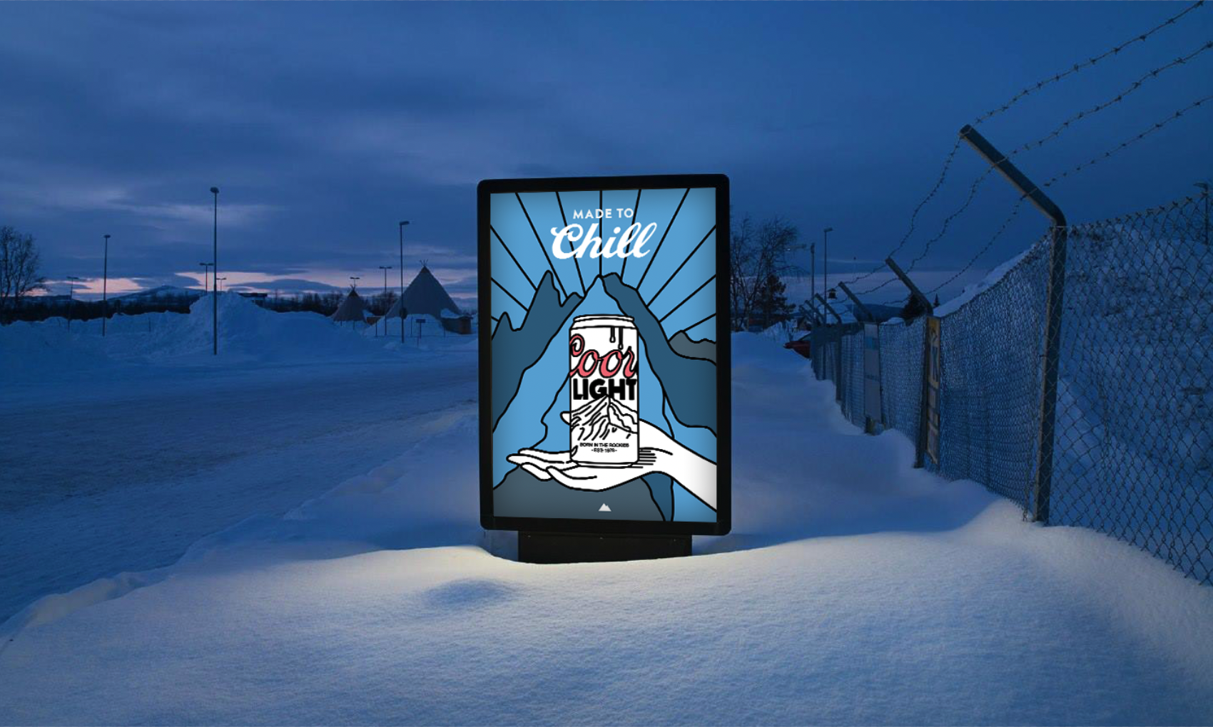 Outdoor advertisement for Coors Light beer in snowy landscape, featuring a can and mountain illustration with 'Made to Chill' text.