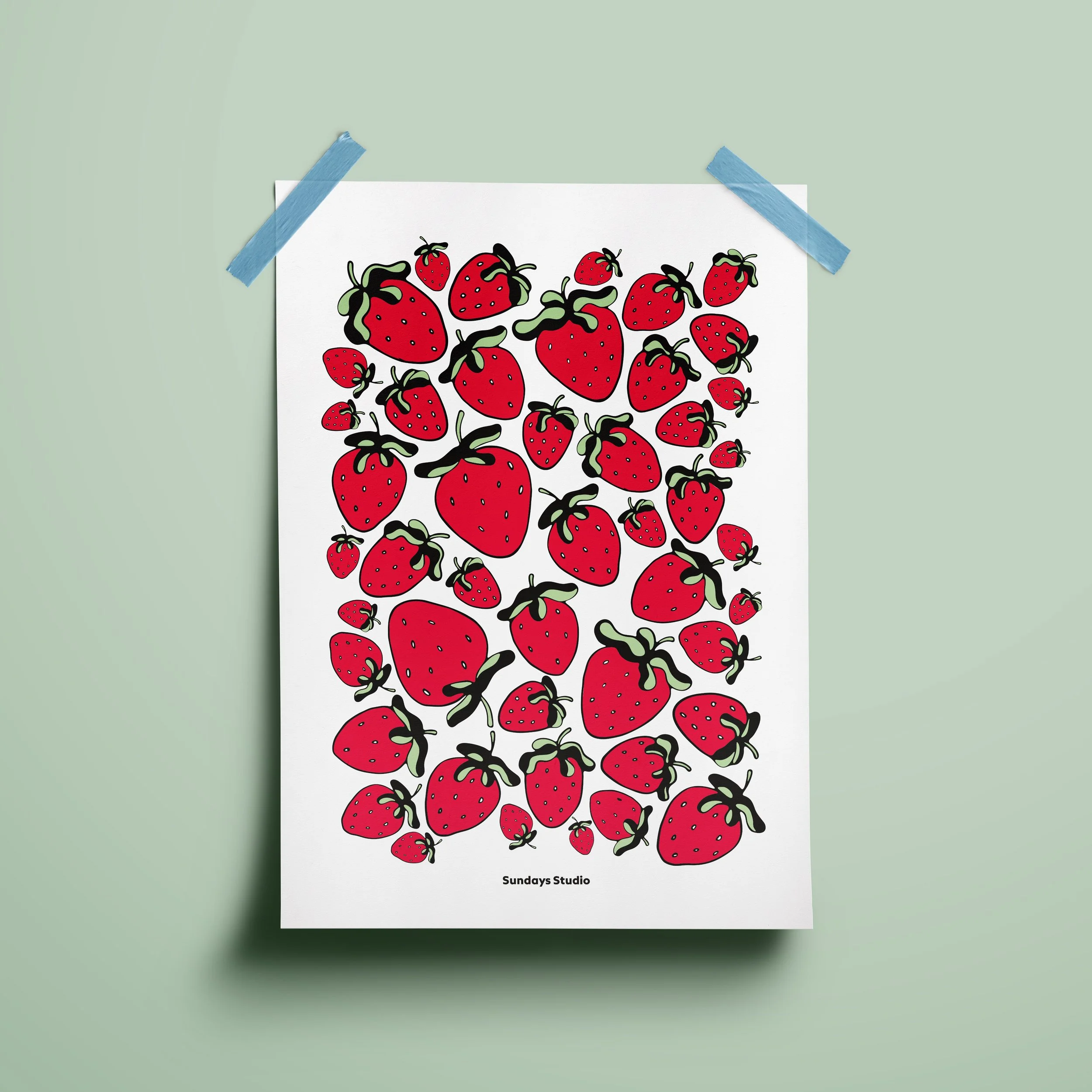 Illustration of various strawberries on a white poster taped to a green wall
