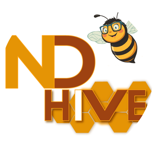 ND OUTLOUD LOGO with BEE in glasses Logo is white, orange and  black  Bee is Teal, Black and Yellow with Teal Square Glasses