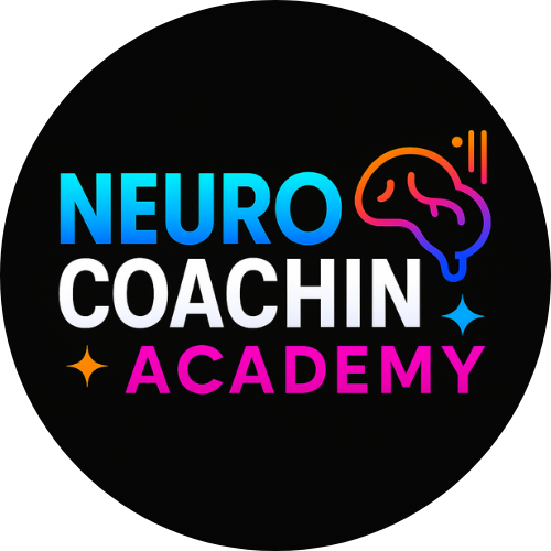 NEuroCoaching Academy Logo in Teal, White and Fuchsia with a Fuchsia Orange and Teal Brain 