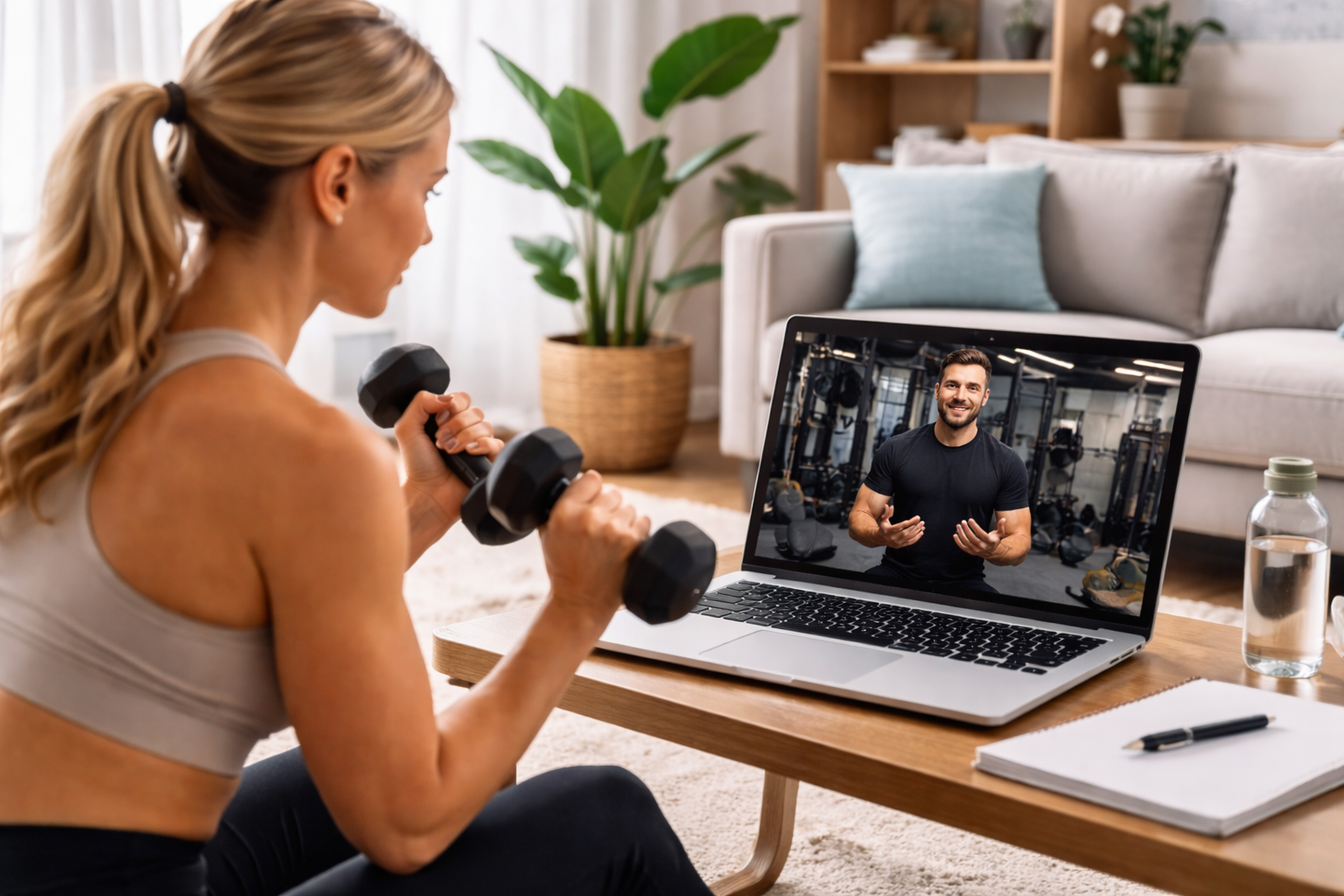 Client completing workout while following online personal training session on laptop