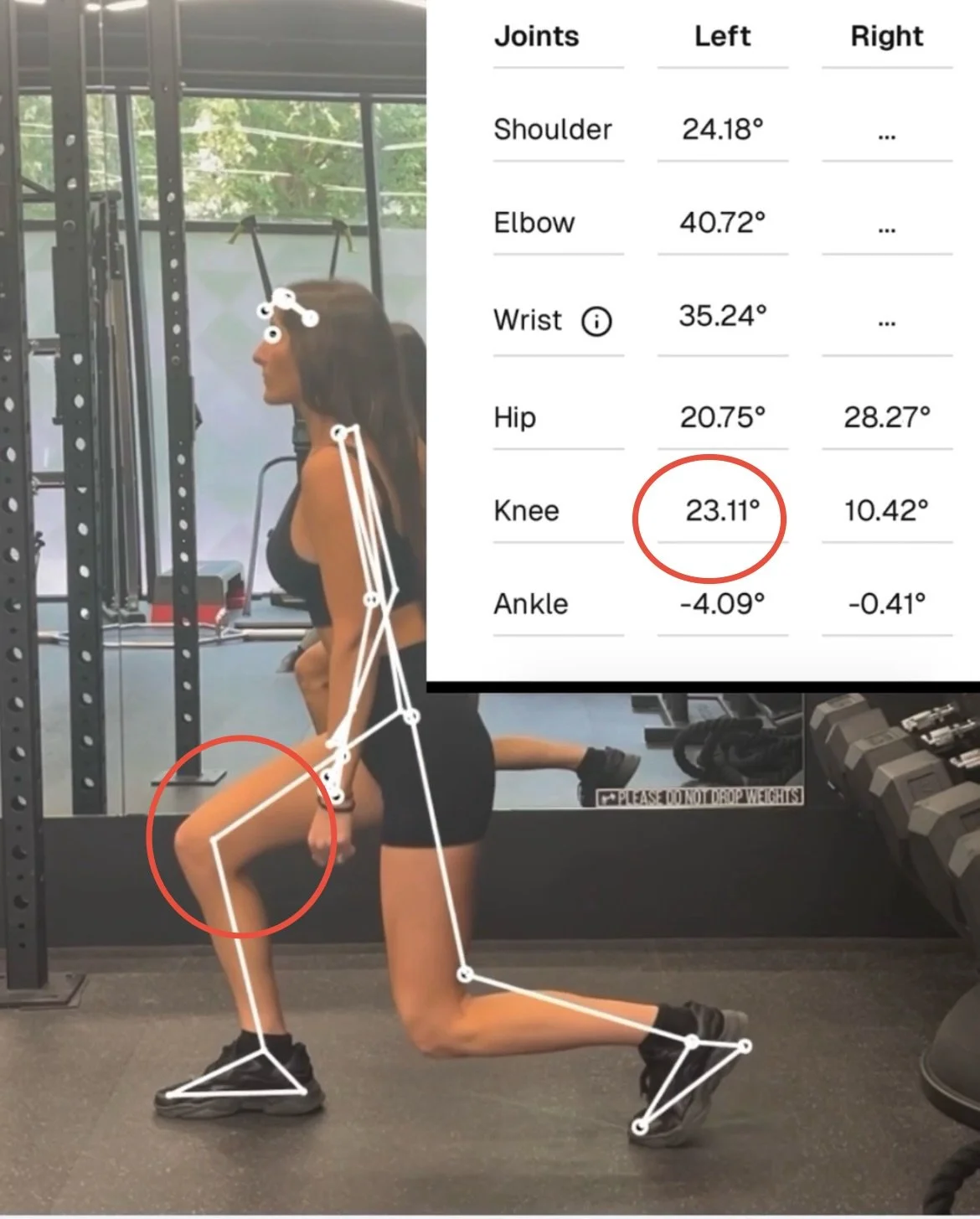 Female client performing a lunge while a motion capture app displays joint tracking lines and measured angles for posture analysis.
