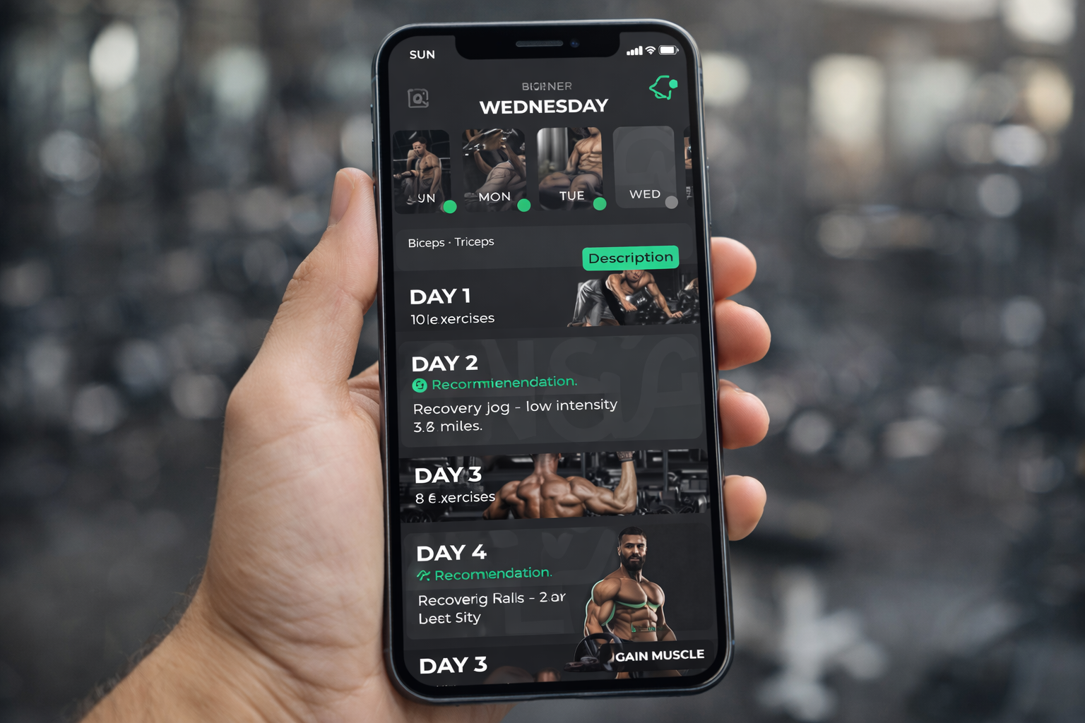 Smartphone displaying a personalized exercise program designed through an online personal training platform.