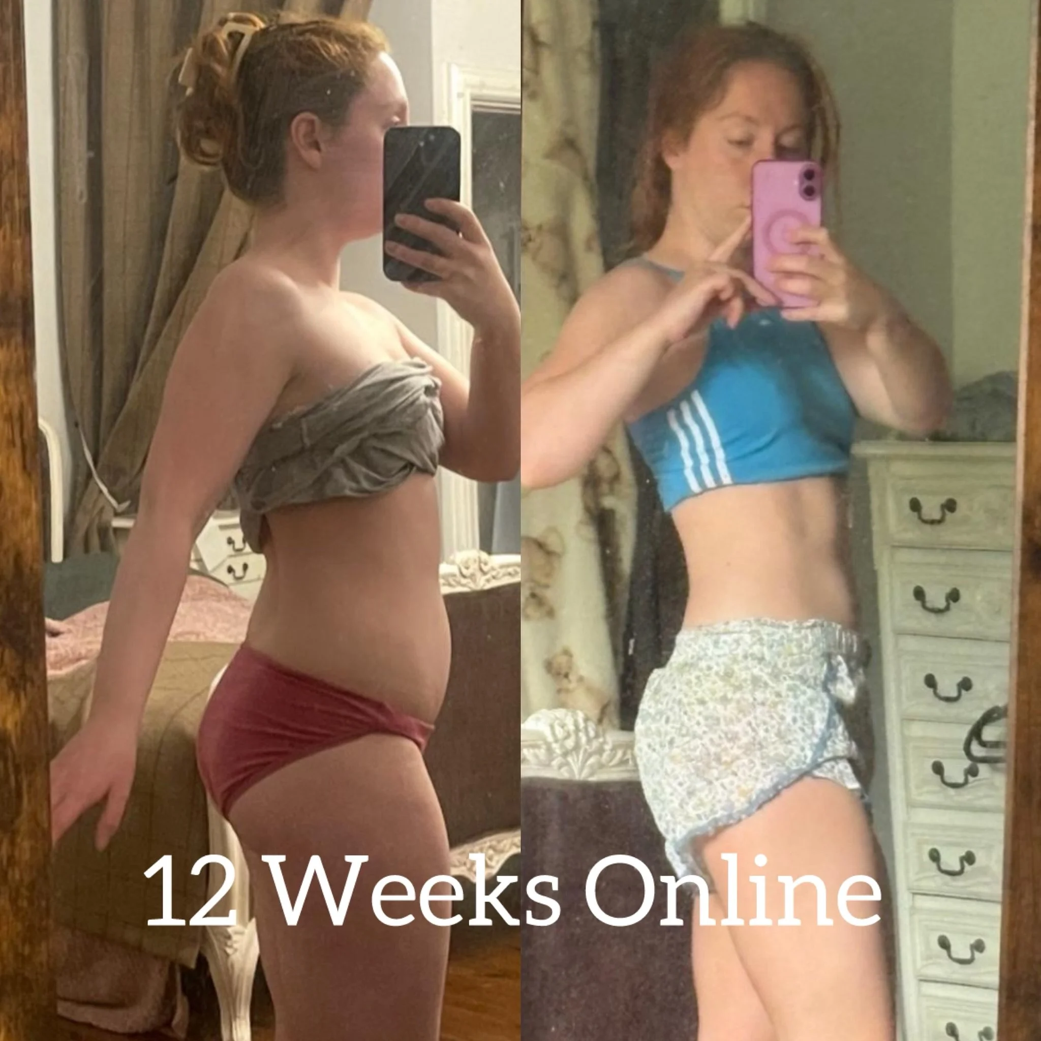 Before and after 12-week body transformation showing female client’s improvement in muscle tone and posture