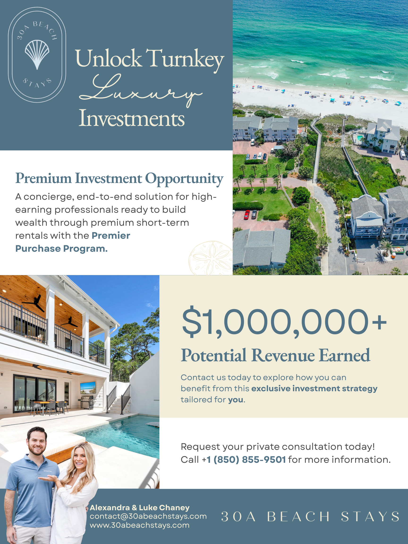 Flyer with aerial view of a beach, residential buildings, and green lawns, promoting luxury investment opportunities at 30A Beach Stays with info on income potential, contact details, and a photo of a smiling man and woman by a pool house.