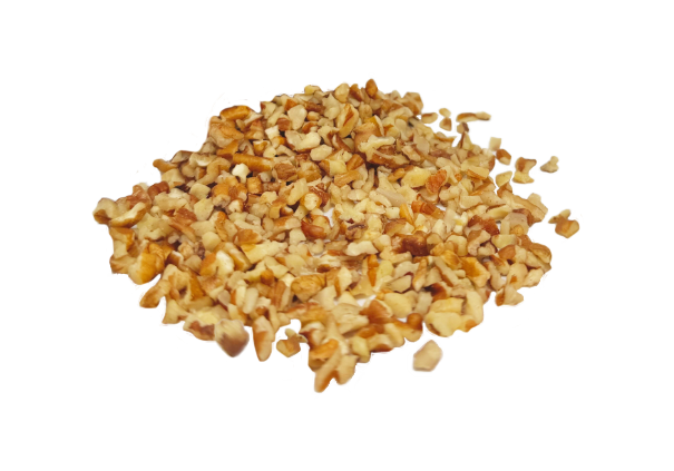 Small pecan pieces measuring less than 1/4'', optimized for uniform distribution in commercial baking and industrial food production. Fresh-shelled bulk pecans with no additives, perfect for fine-textured crusts and toppings.