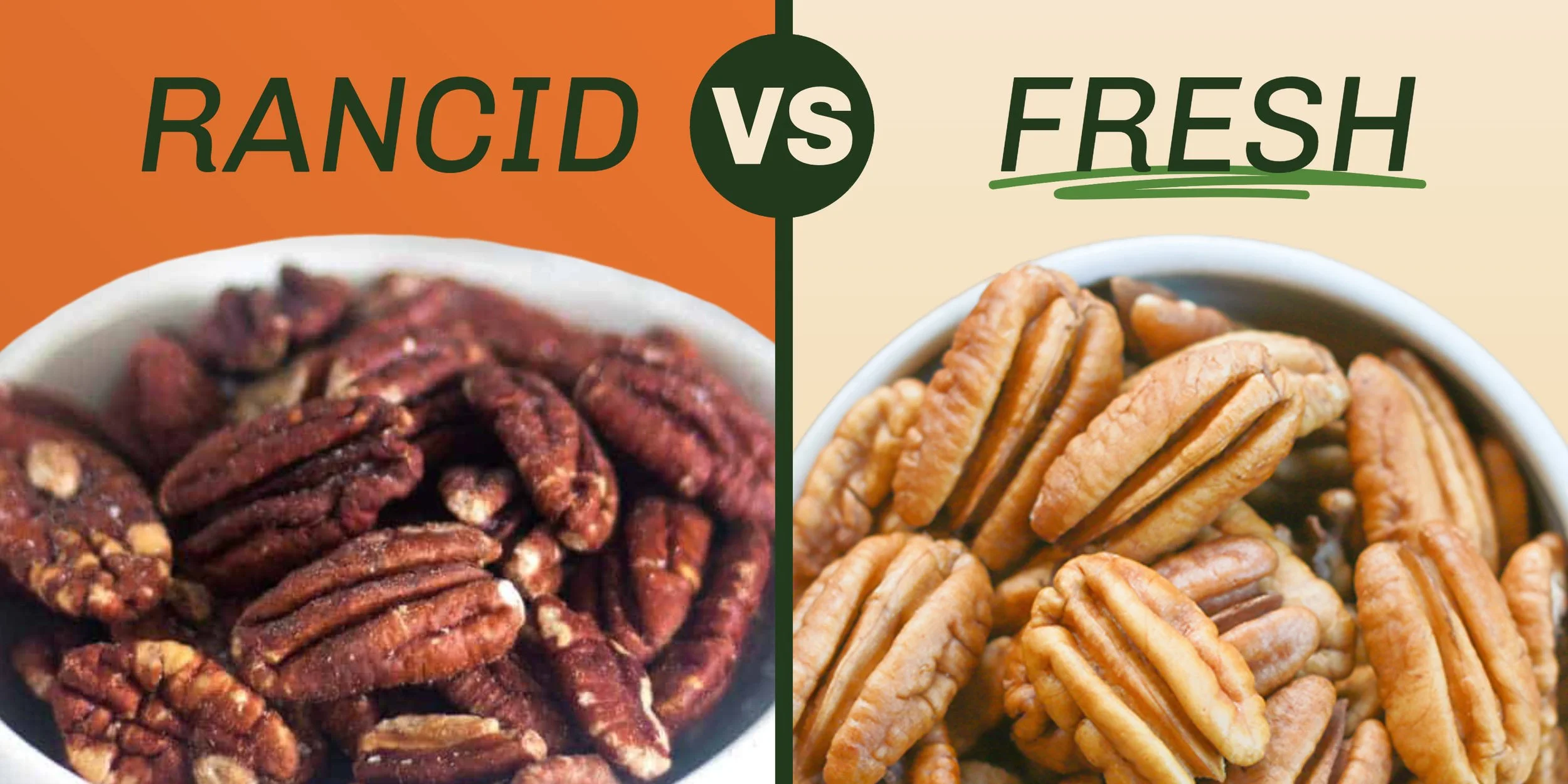 Golden fresh pecans compared to dark rancid pecans