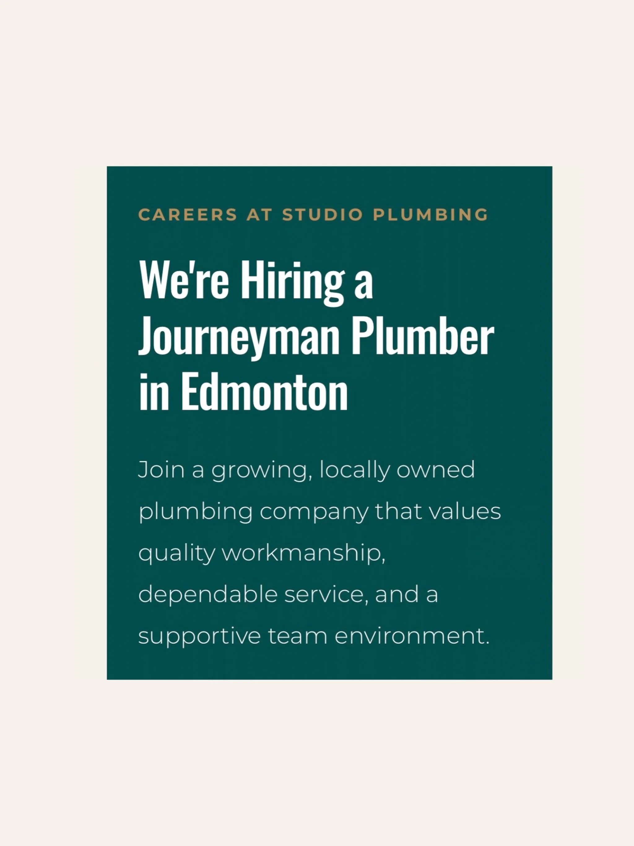 Pull up a seat, we&rsquo;re hiring! Looking for a journeyman plumber. 

Permanent full-time, servicing Edmonton and surrounding area. 

Link in bio to apply, or send your resume to office@studio-plumbing.com