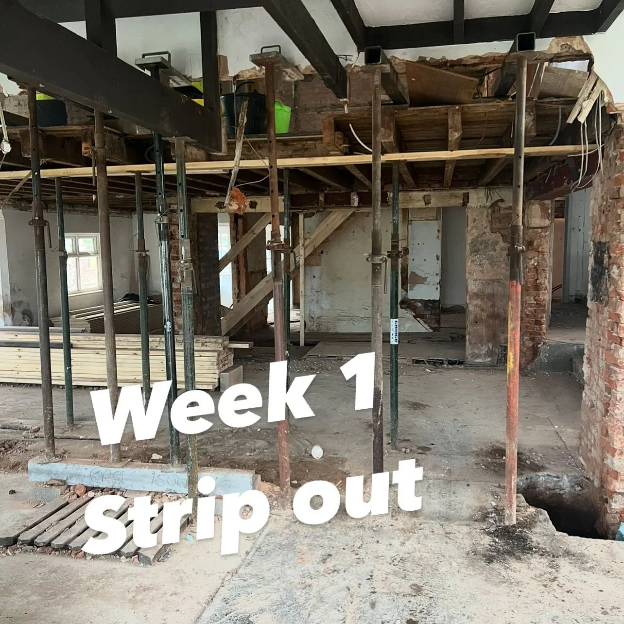 Rip out done in the space of a week 💪🚀

- Complete rip out back to brick 
- Mains supplies safety disconnected 
- Load-bearing walls out and acrow props in 

#construction #ripout #pubrenovation #renovationproject
