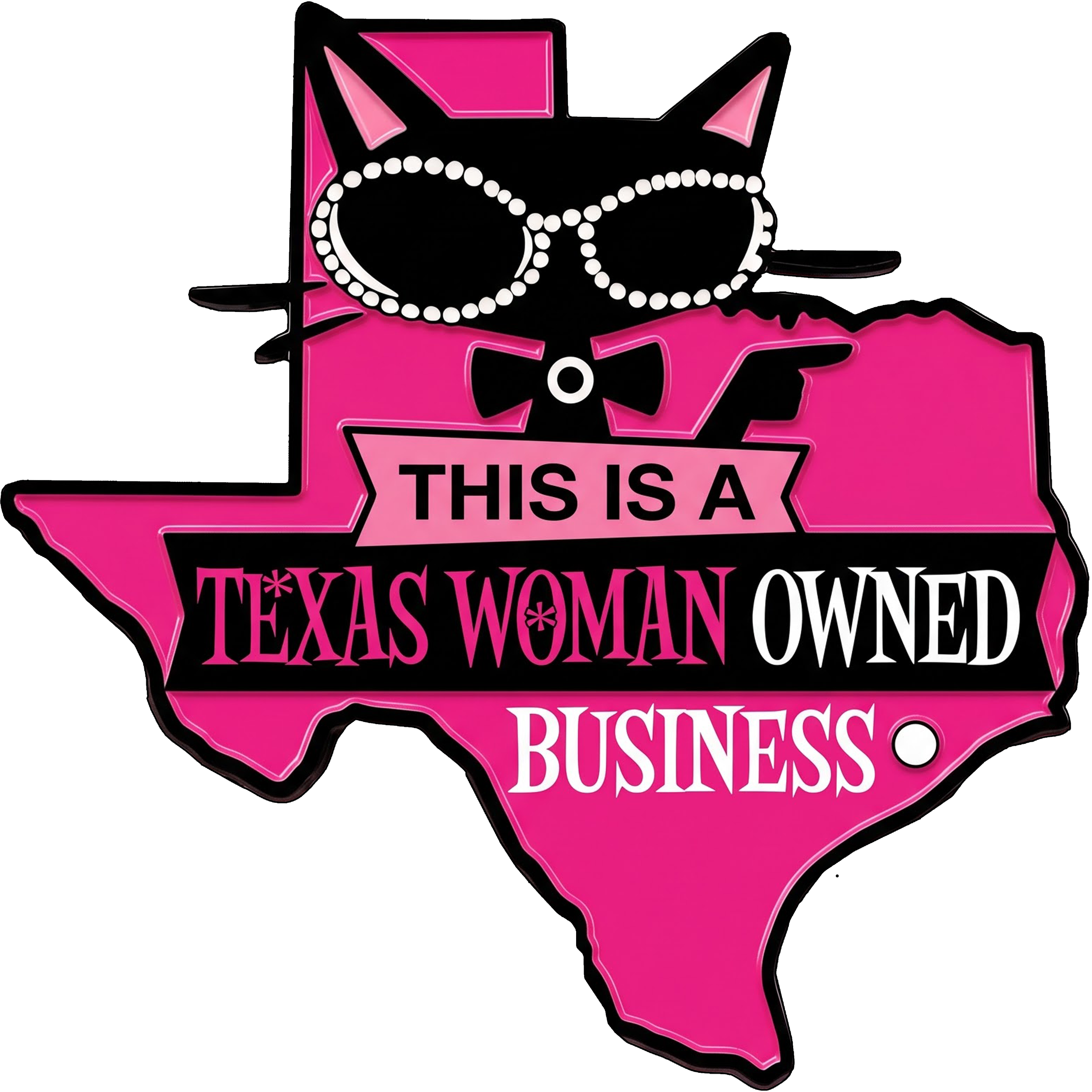 Neon sign of the state of Texas in pink with a white pearl necklace outline and the text 'This Is a Texas Woman Owned Business'.