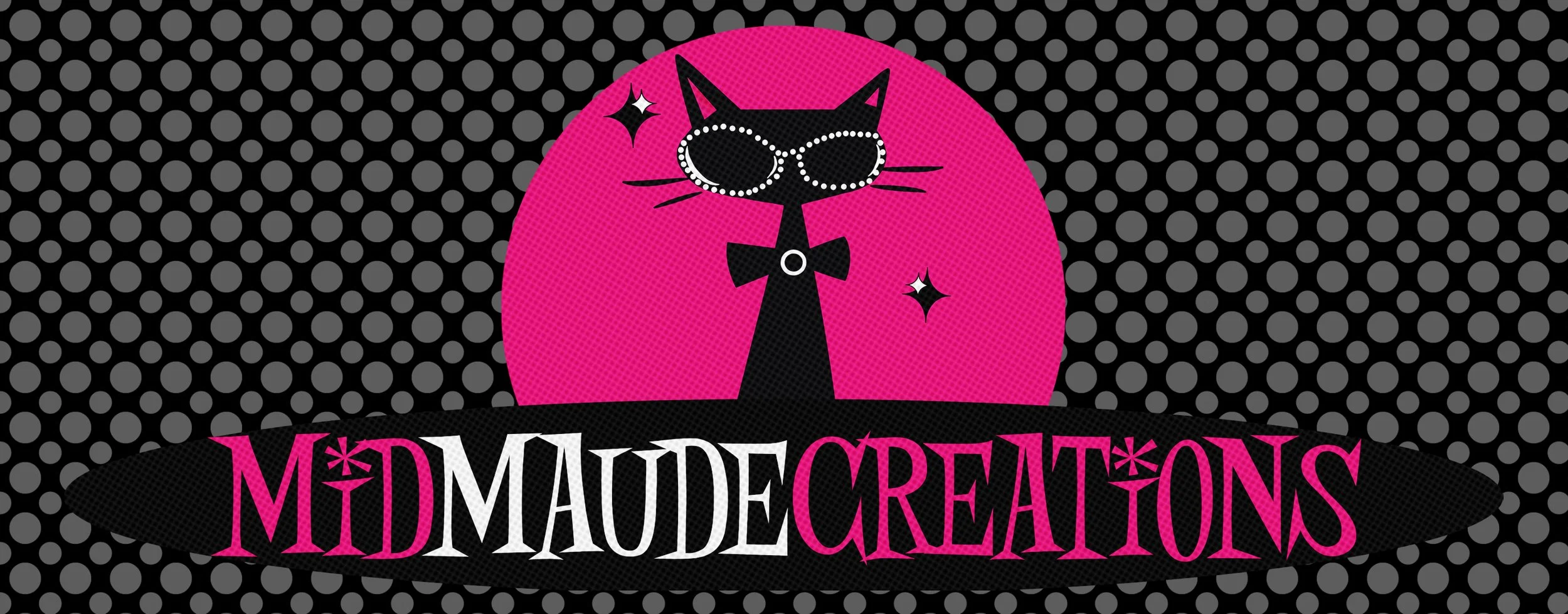 Mid Maude Creations.com Logo with Black Atomic Cat Wearing Pearl Sunglasses, Pink White and Black