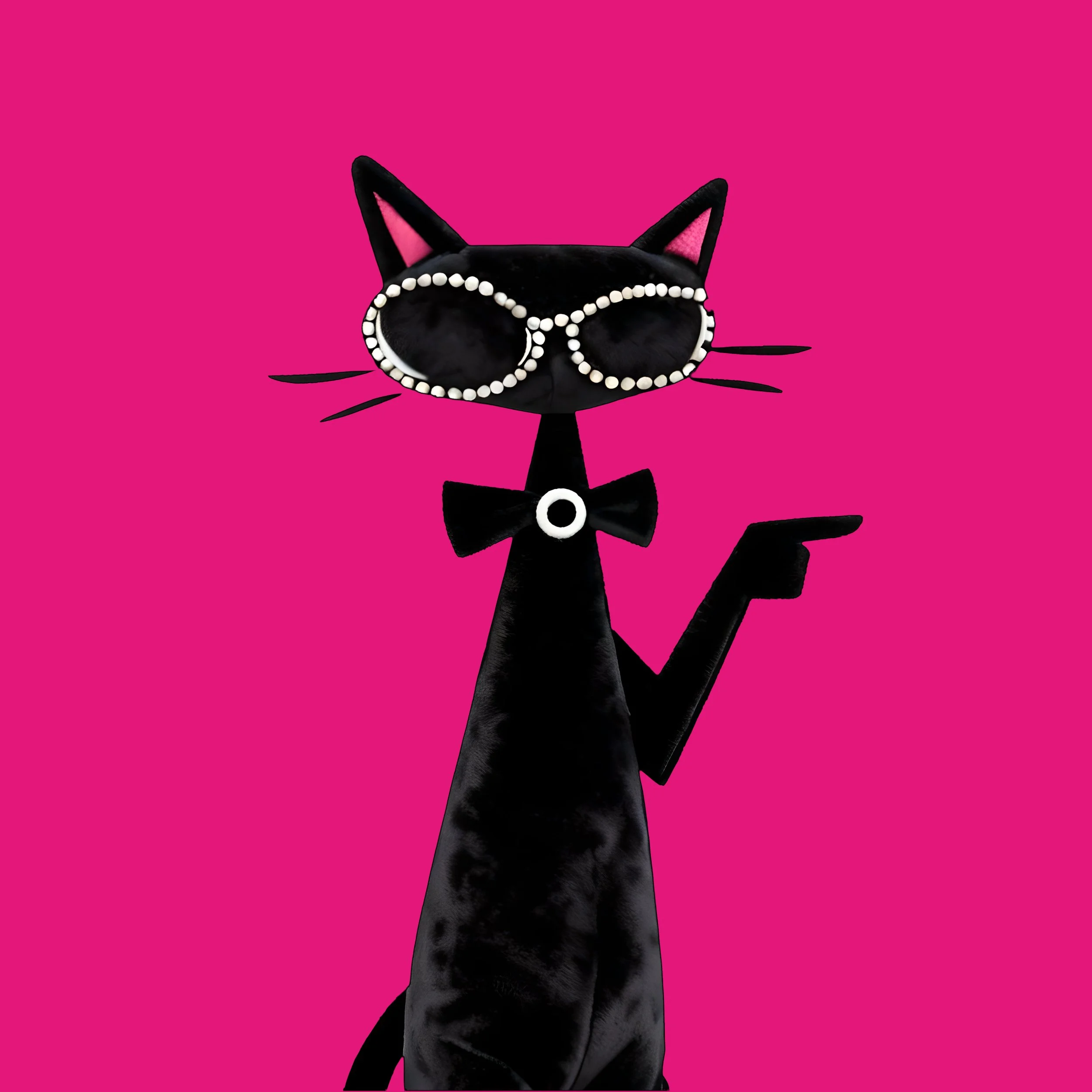 A black cartoon cat wearing a pearl necklace, sunglasses, and a bowtie, with pink and black striped ears, set against a bright pink background.