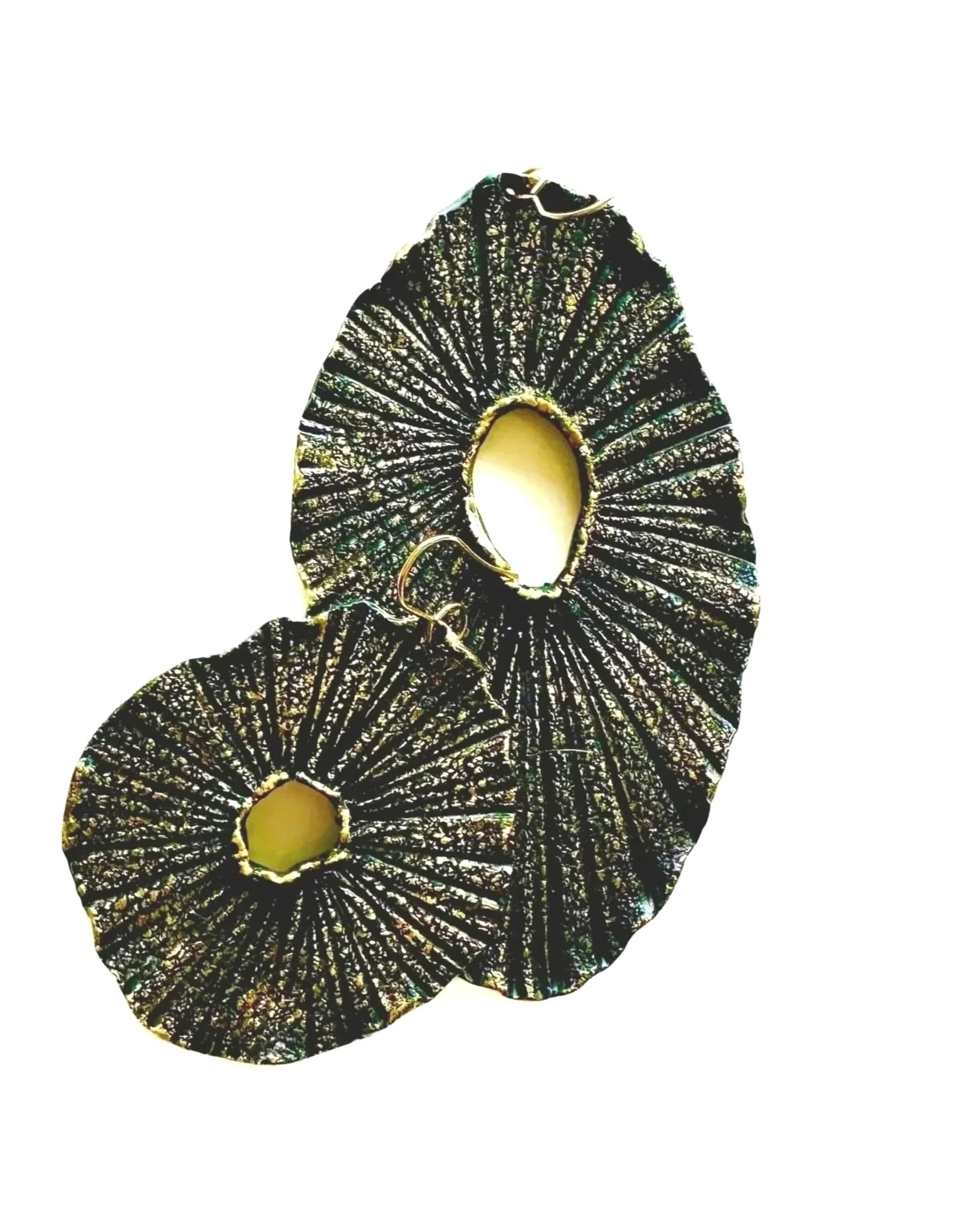 Black and gold sculptural statement earrings from the Portals collection by Audrey Dymond, handmade polymer clay art jewelry.