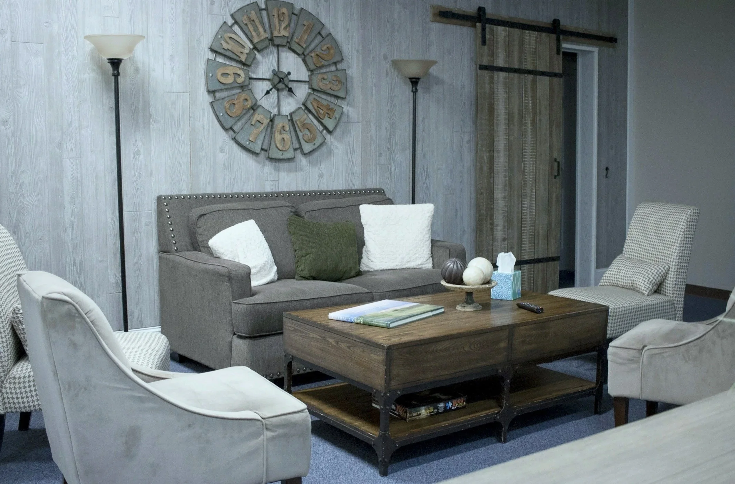 Comfy couches representing group therapy & support groups