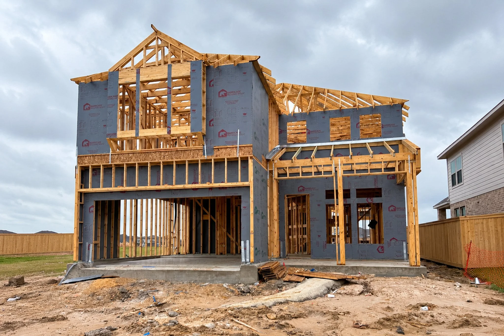 The frame of a house under construction with wooden beams and walls partially covered with gray sheathing, set against a cloudy sky.