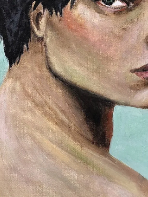 A close up of a painting teal background with a man facing over his shoulder. He has dark hair and green eyes with olive skin.