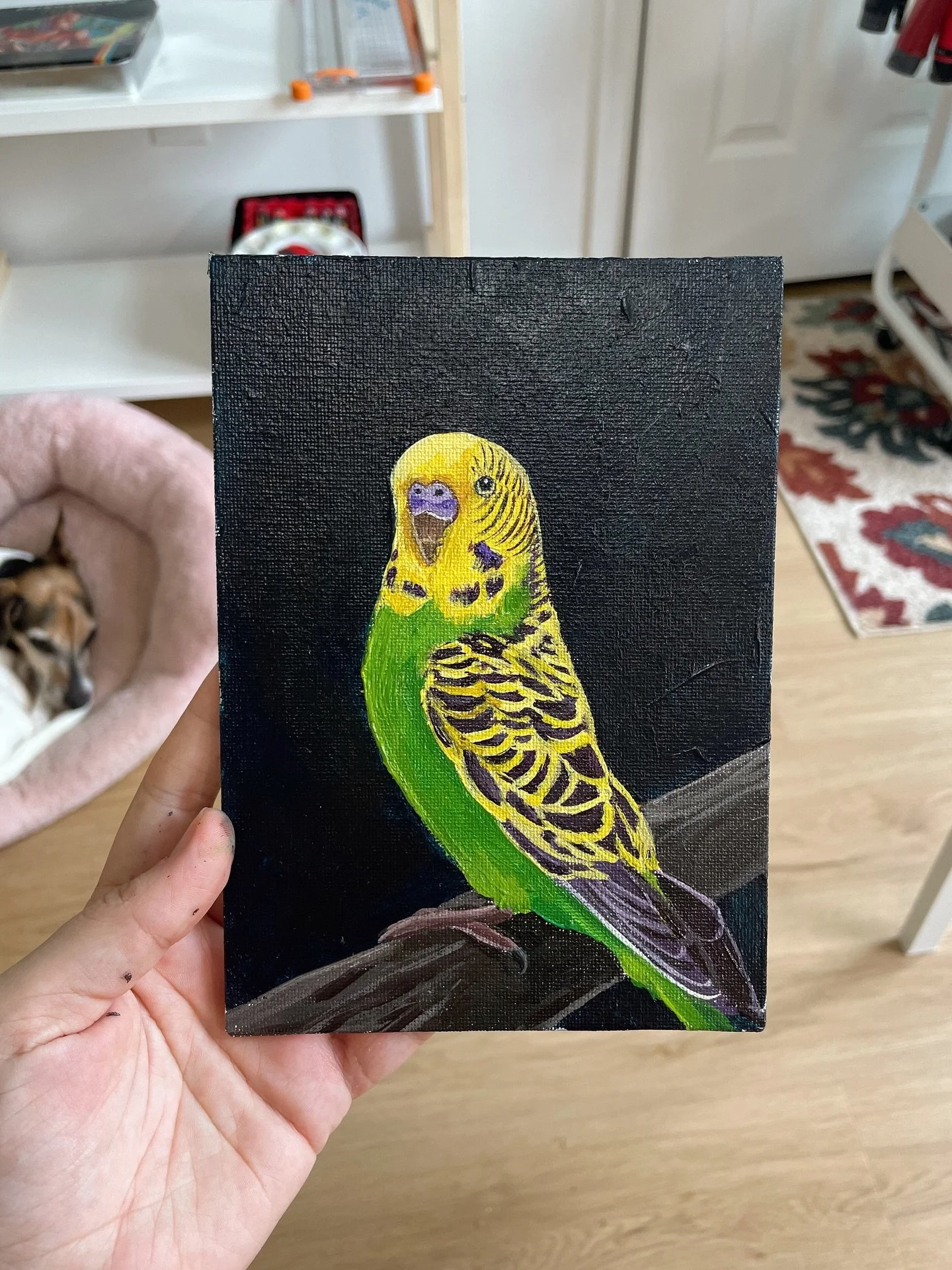 Feeling so full of energy and love these days. Growing Aspen in my womb has given me the chance to focus entirely on good things… aka art! So here’s a parakeet painting I made with acrylics on a 5×7” canvas panel. It will be