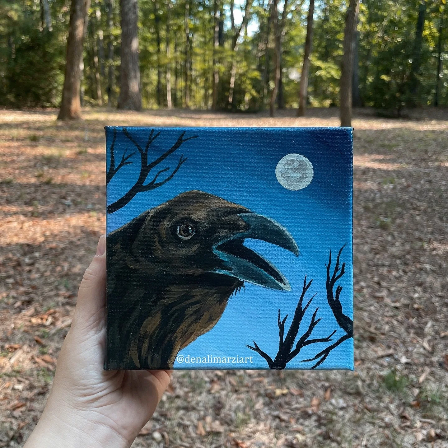 Today is the autumnal equinox, which means fall is officially here! To celebrate, I made this “spooky” painting of a crow at night. Hope y’all aren’t too creeped out. 👻
Crow & Moon, 6x6”, acrylics on canvas
#art