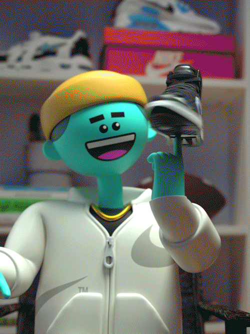 Animated character with blue skin and yellow hat holding a sneaker, against a background of shoe boxes on a shelf.