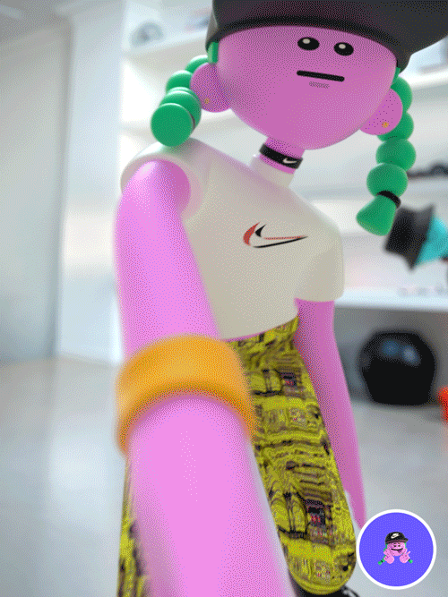 Animated character with purple skin, green braids, wearing a black cap, white shirt, and patterned yellow skirt, stretching an arm forward in a bright room.