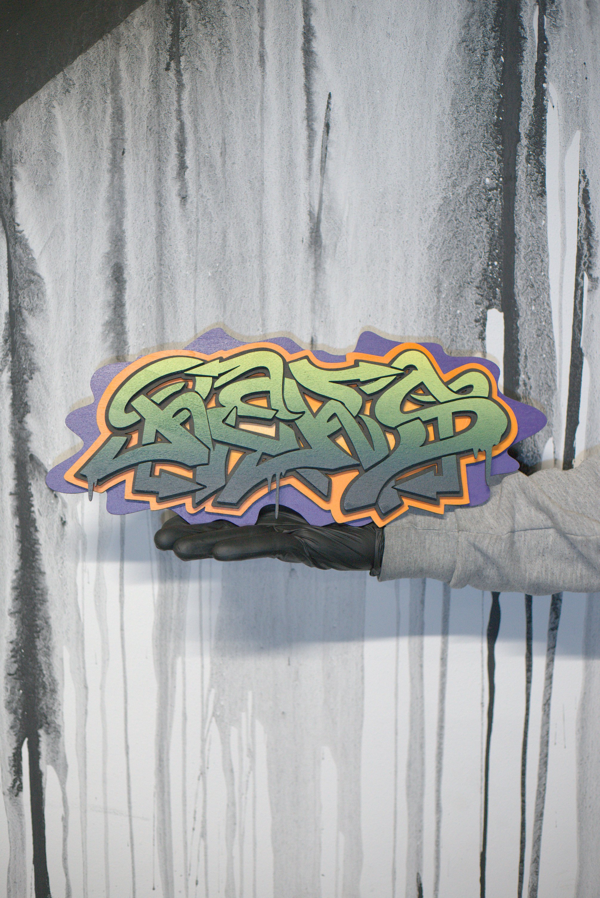 Reks graffiti, green - orange - violet, 4 layers, 37 x 15cm, limited 1/1, 120 Chf + shipping, Order NR. rg1