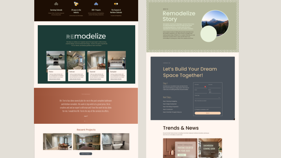 Collage of four website page layouts: remodeling services, story about remodeling project, space building form, and trending news with images of interior designs.