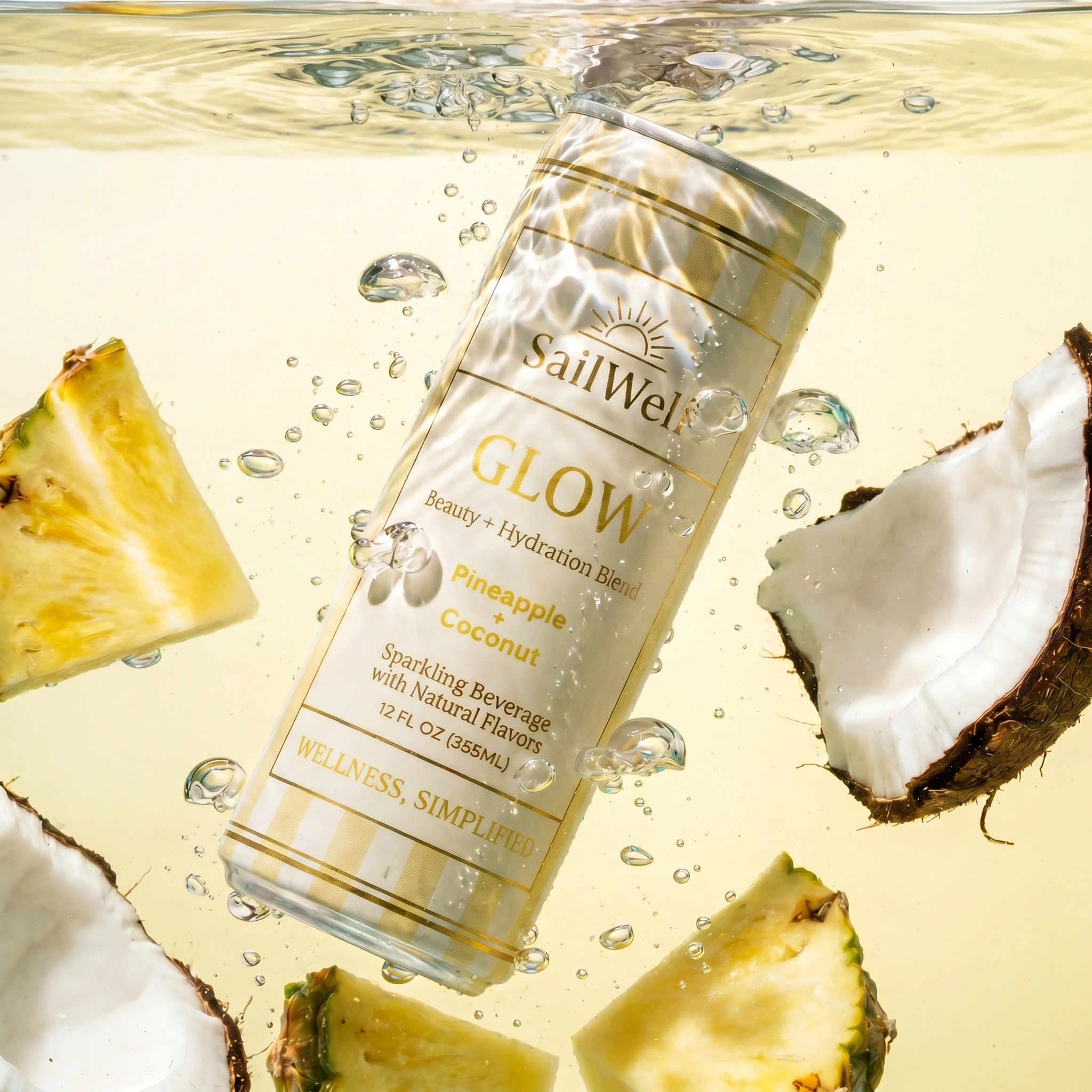A can of SailWell Glow Coconut Pineapple & Coconuts sparkling beverage submerged in water with slices of pineapple and coconut around it, bubbles rising to the surface.