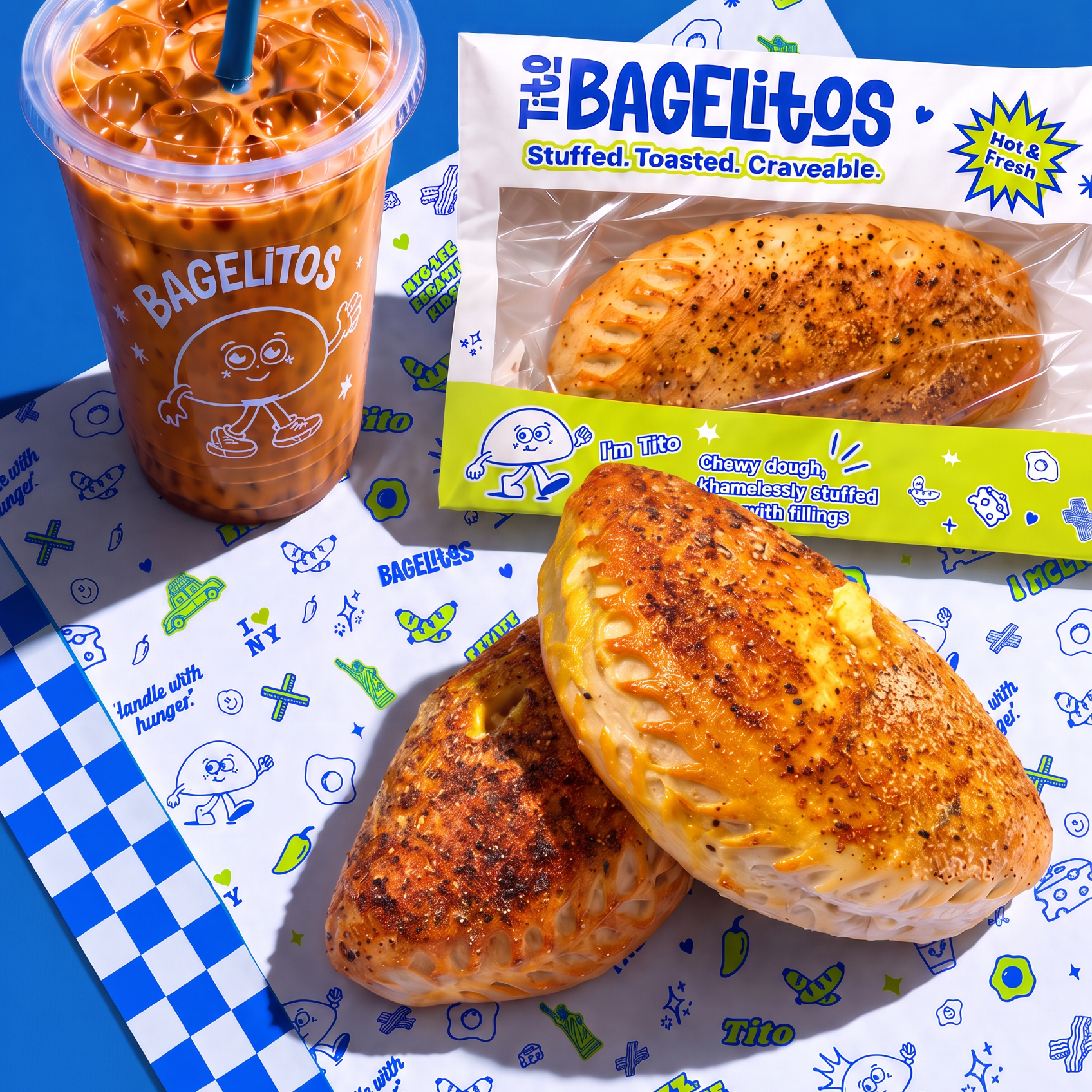 A clear plastic cup filled with iced coffee topped with caramel syrup and a blue straw, next to a sealed package of toasted stuffed bagelitos with visible filling, on a colorful bagel-themed paper with blue and white checkered and map patterns.