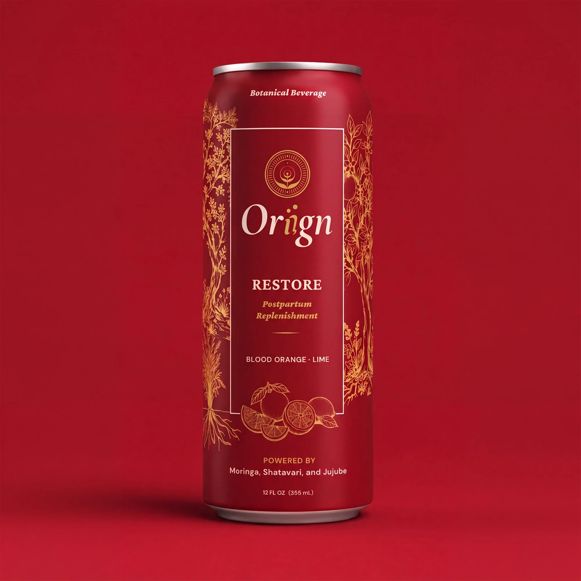 A red beverage can with gold floral and fruit illustrations, labeled as 'Blood Orange Lime' and 'Restore,' containing 12 fluid ounces, powered by moringa, shatavari, and jujube, set against a matching red background.
