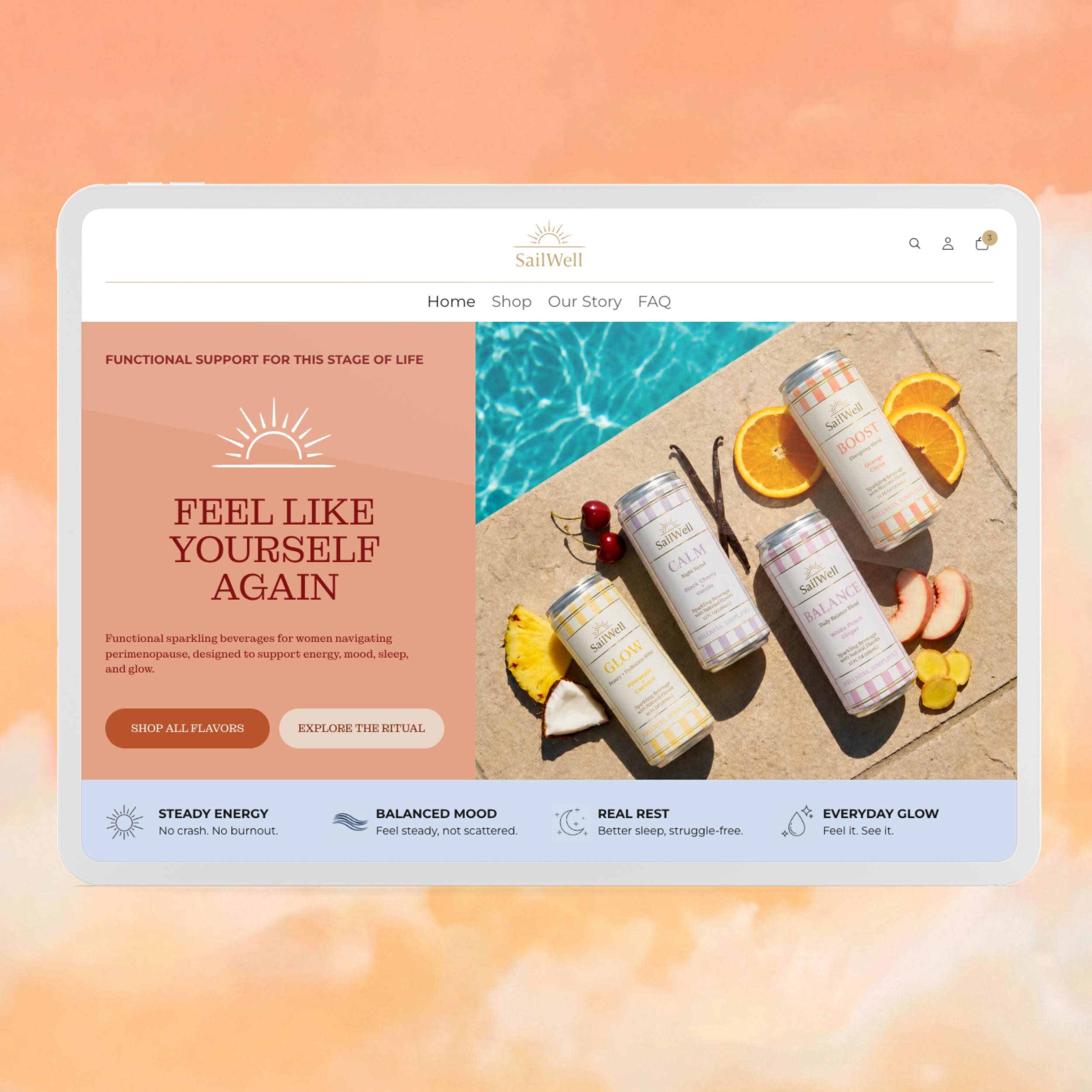 Part of a website interface for SailWell, displaying products like sparkling beverages on a sandy surface with fruit slices, set against a pool and sky background.