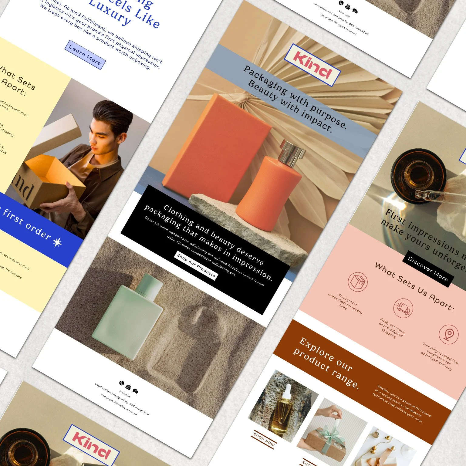 Multiple digital images of product packaging and promotional materials for a beauty and personal care brand called 'Kind.' The layouts feature perfume bottles, gift boxes, and descriptions highlighting packaging purpose, beauty, and impact, with some