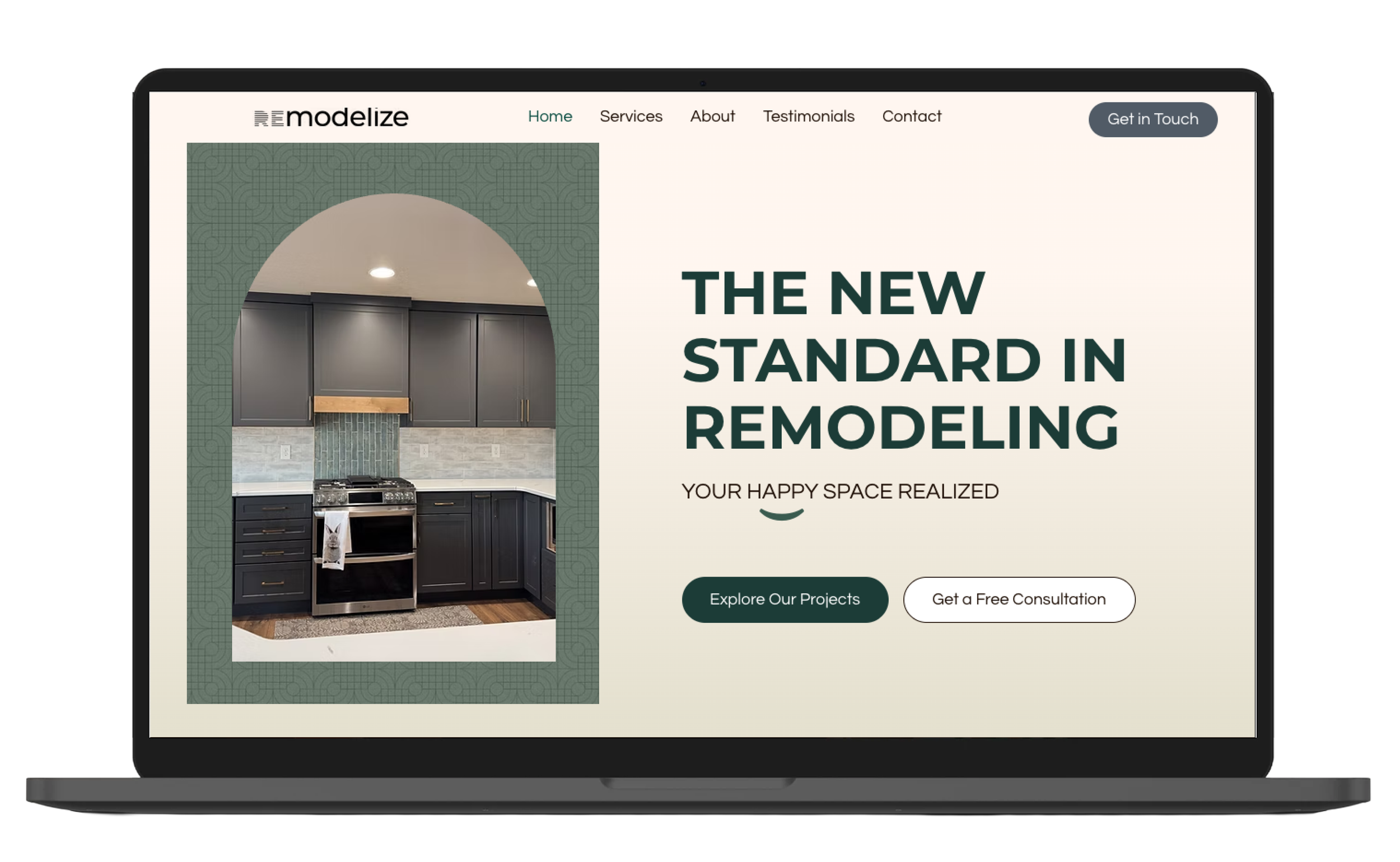 Website homepage for a remodeling company featuring a kitchen with dark cabinets, a stove, and a gray tile backsplash. Also shows text "The New Standard in Remodeling" and buttons for "Explore Our Projects" and "Get a Free Consultation."